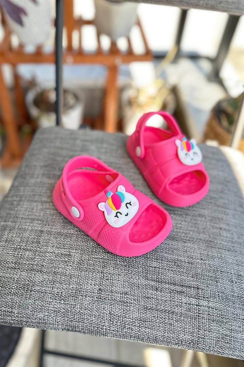 Unicorn Baskılı Arkası Bantlı Çocuk Sandalet Pembe