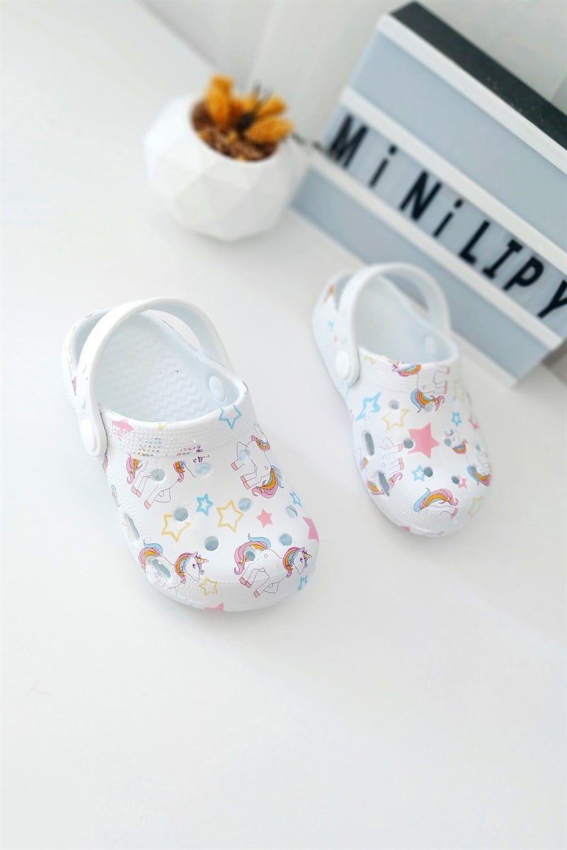 Unicorn Baskılı Çocuk Sandalet Beyaz