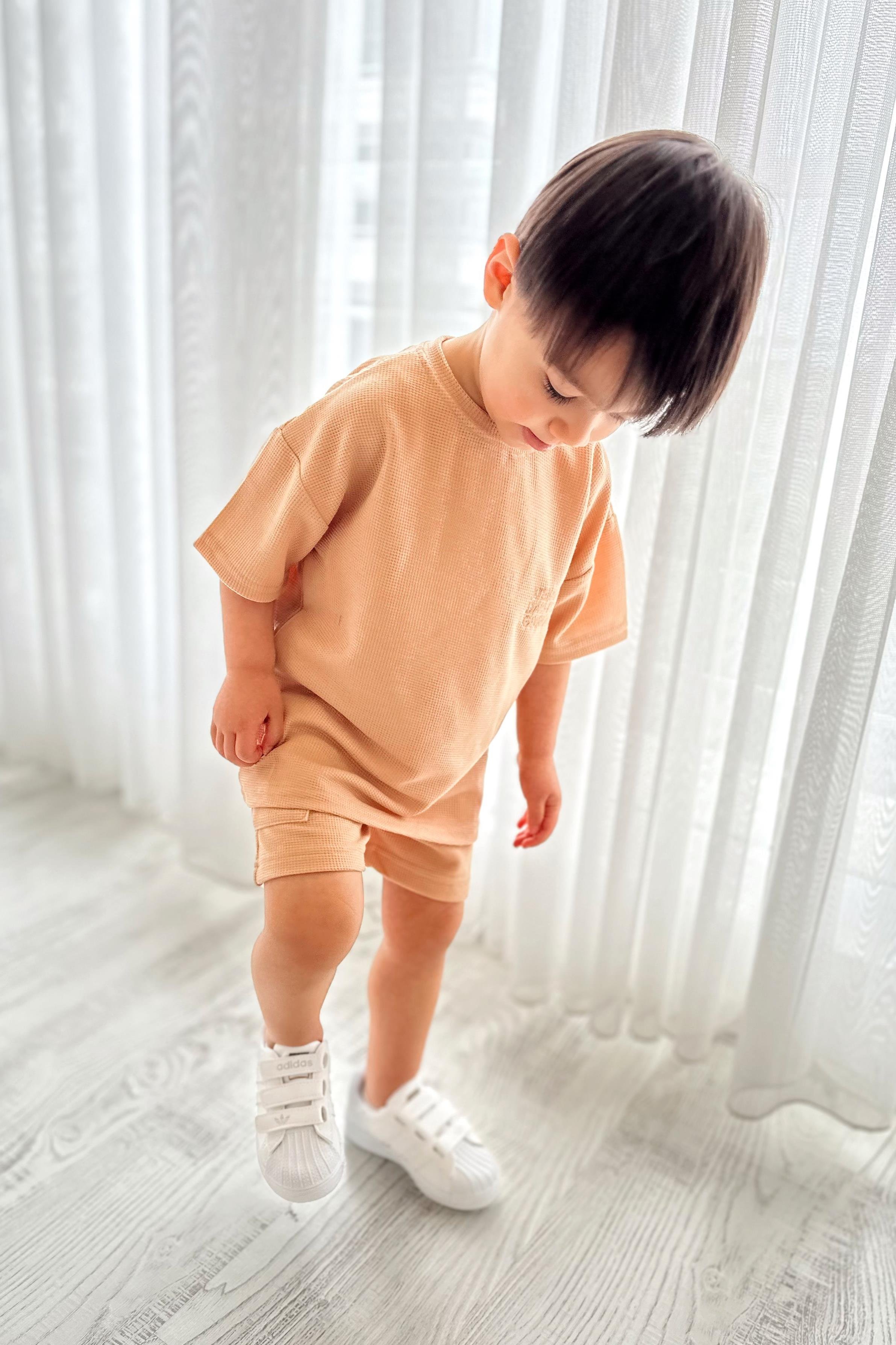 Yanı Cepli Waffle Çocuk Şortlu Takım Somon