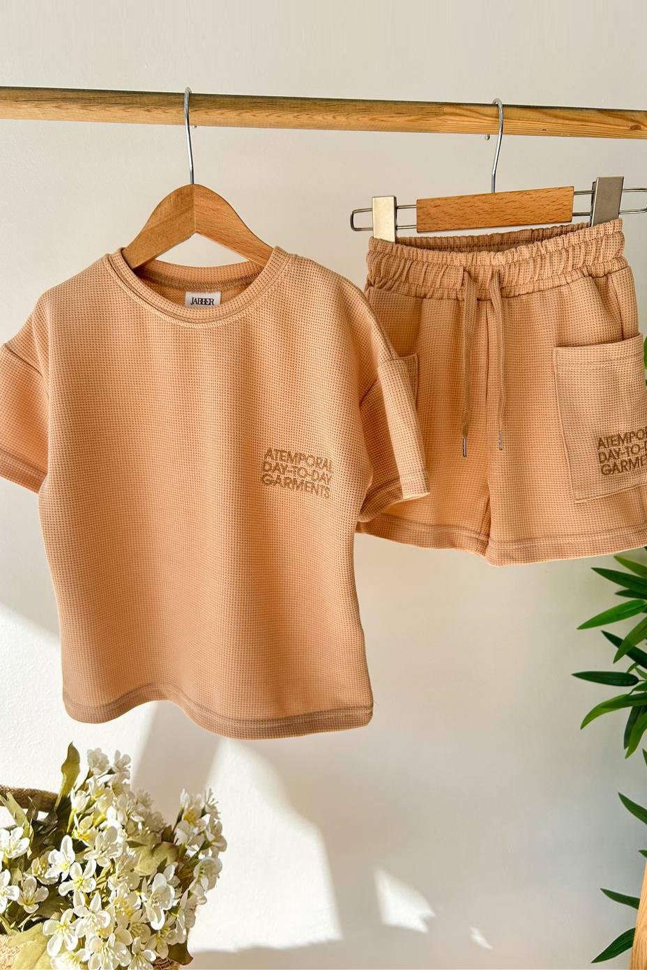 Yanı Cepli Waffle Çocuk Şortlu Takım Somon
