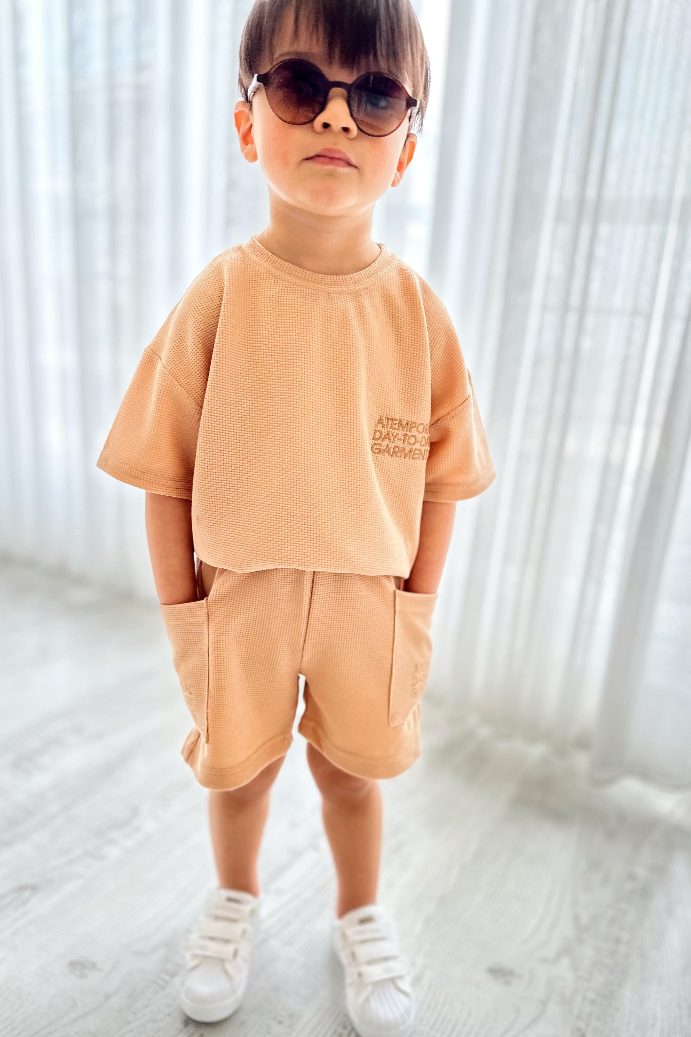 Yanı Cepli Waffle Çocuk Şortlu Takım Somon