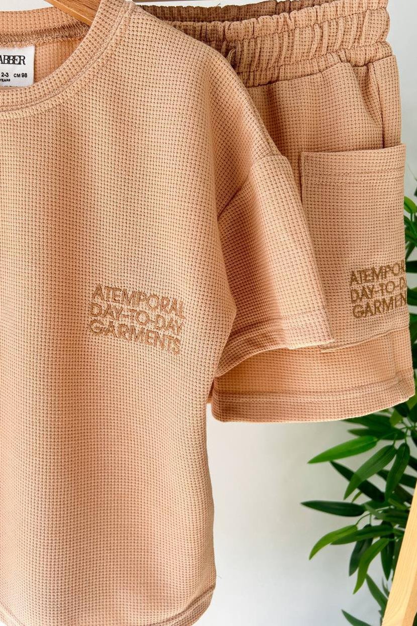 Yanı Cepli Waffle Çocuk Şortlu Takım Somon