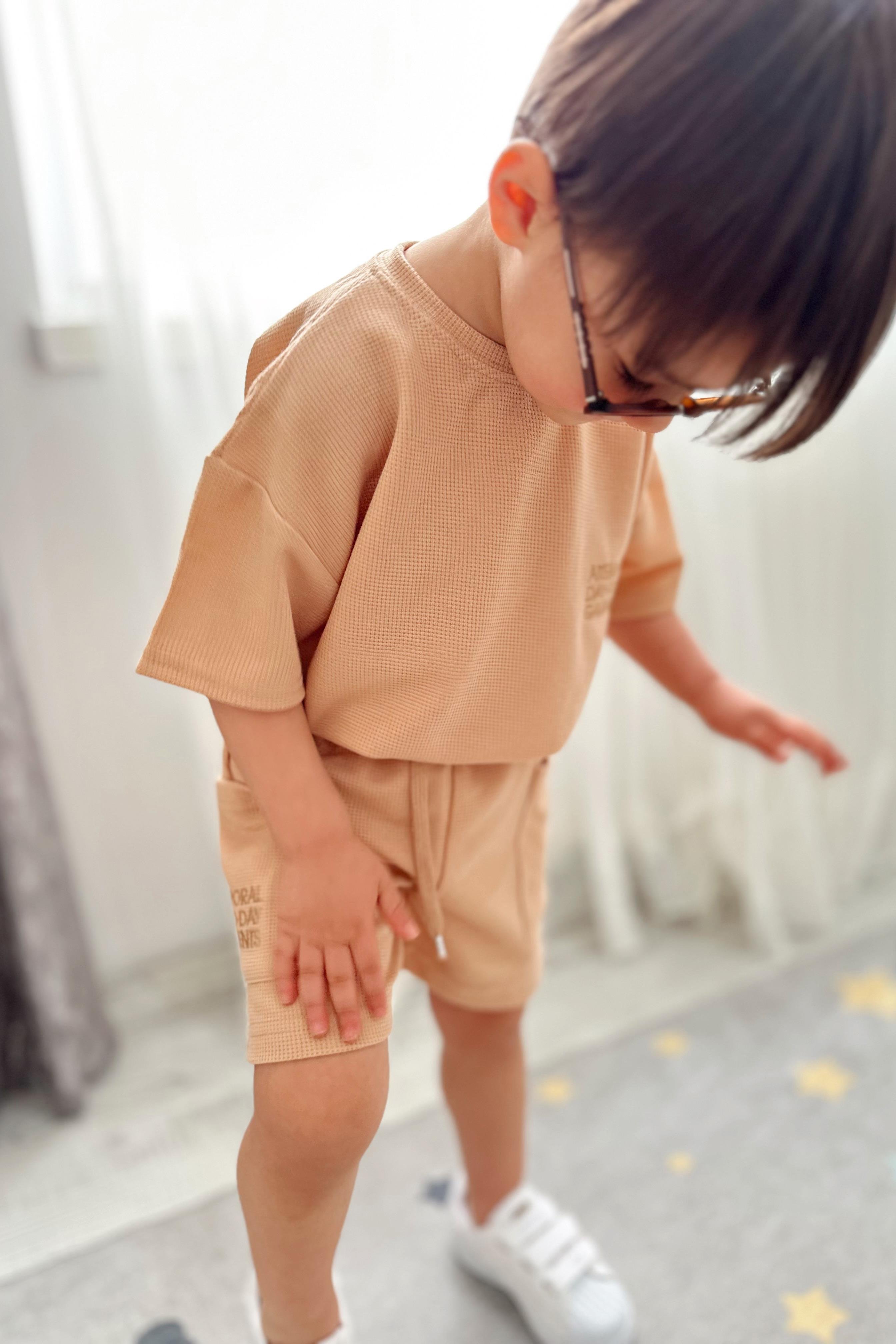 Yanı Cepli Waffle Çocuk Şortlu Takım Somon