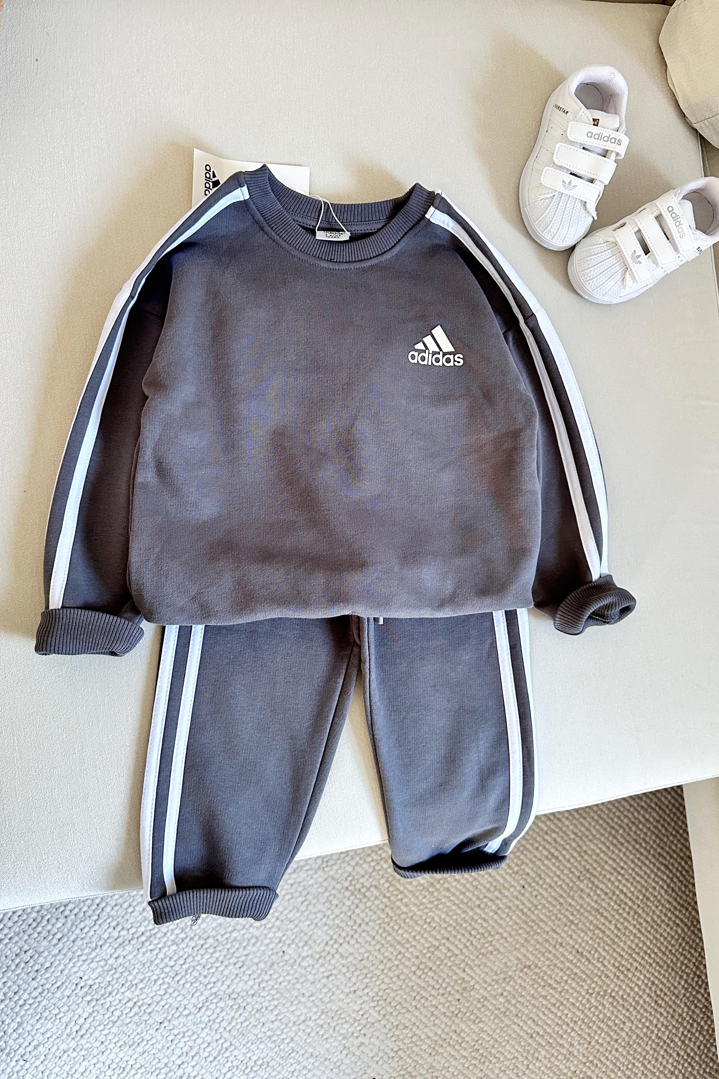 Yanı Çizgili Çocuk Eşofman Takımı Antrasit Beyaz