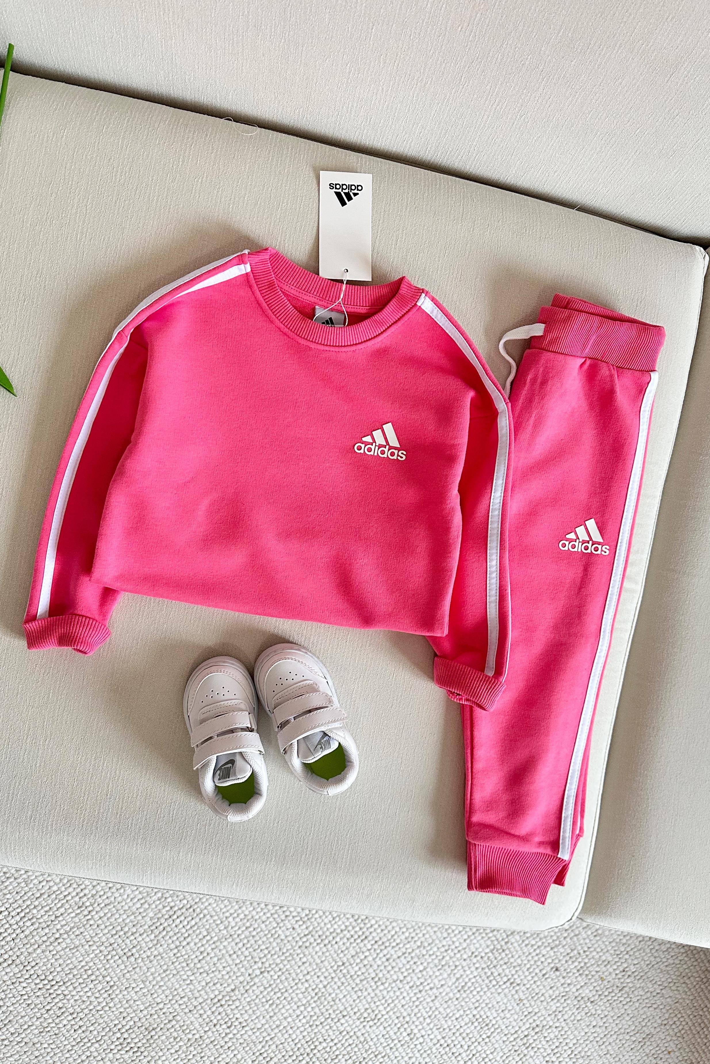 Yanı Çizgili Çocuk Eşofman Takımı Pembe Beyaz