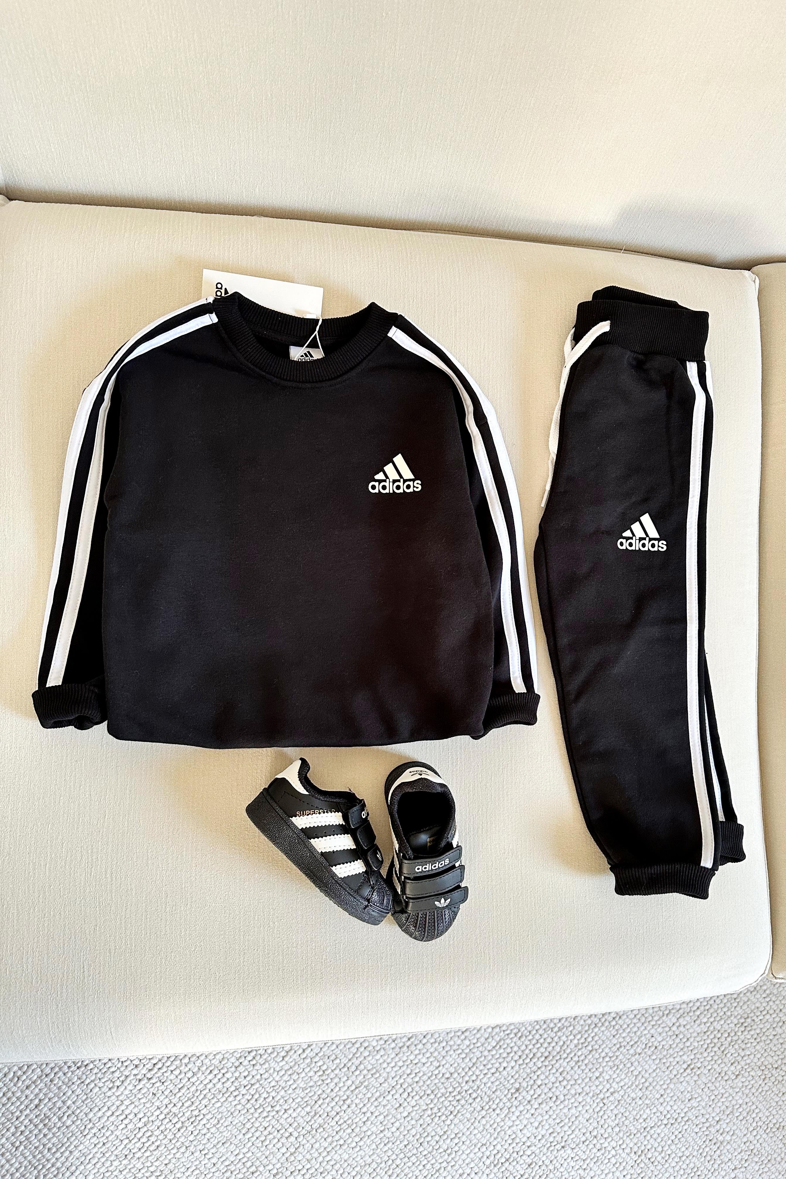 Yanı Çizgili Çocuk Eşofman Takımı Siyah Beyaz