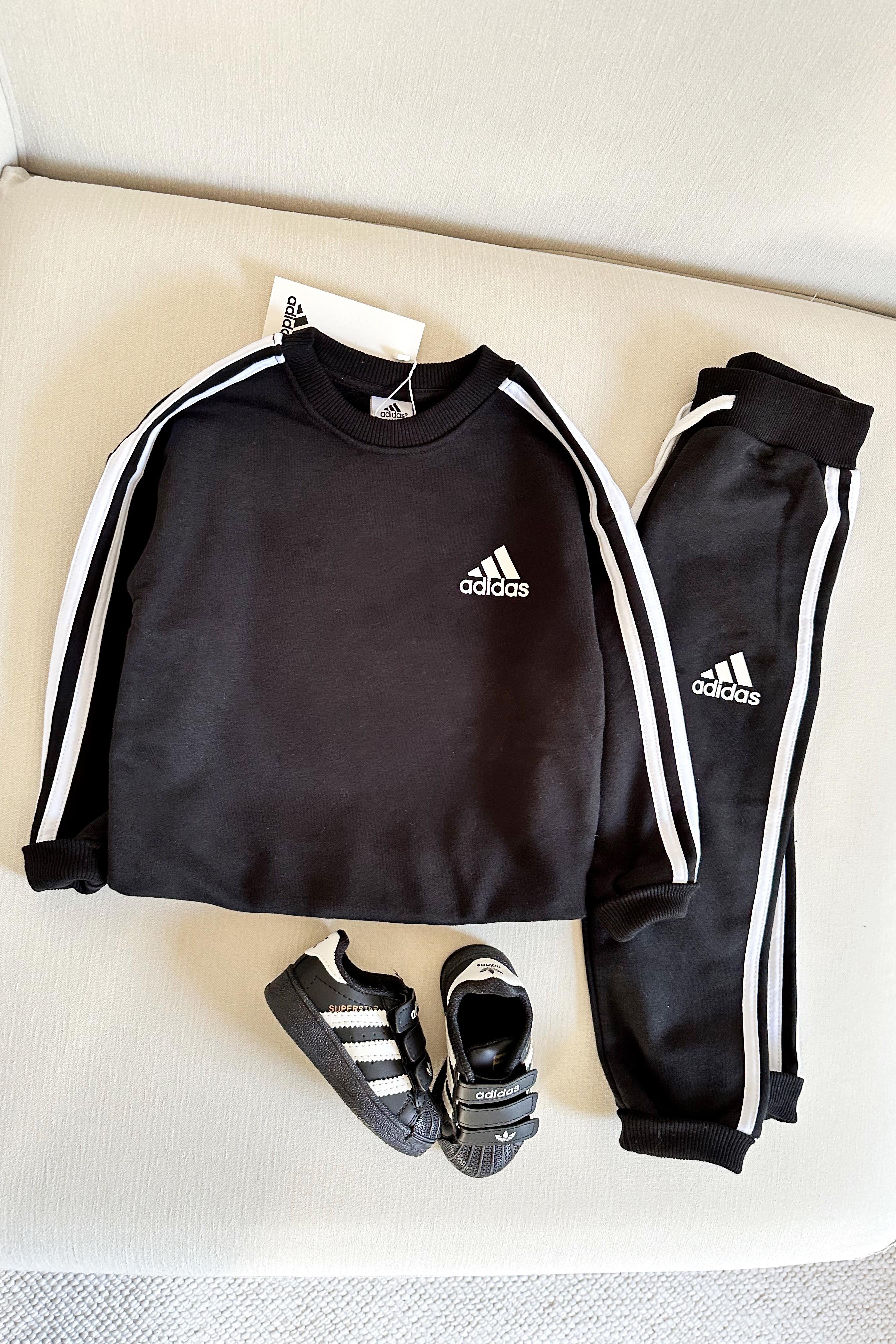 Yanı Çizgili Çocuk Eşofman Takımı Siyah Beyaz