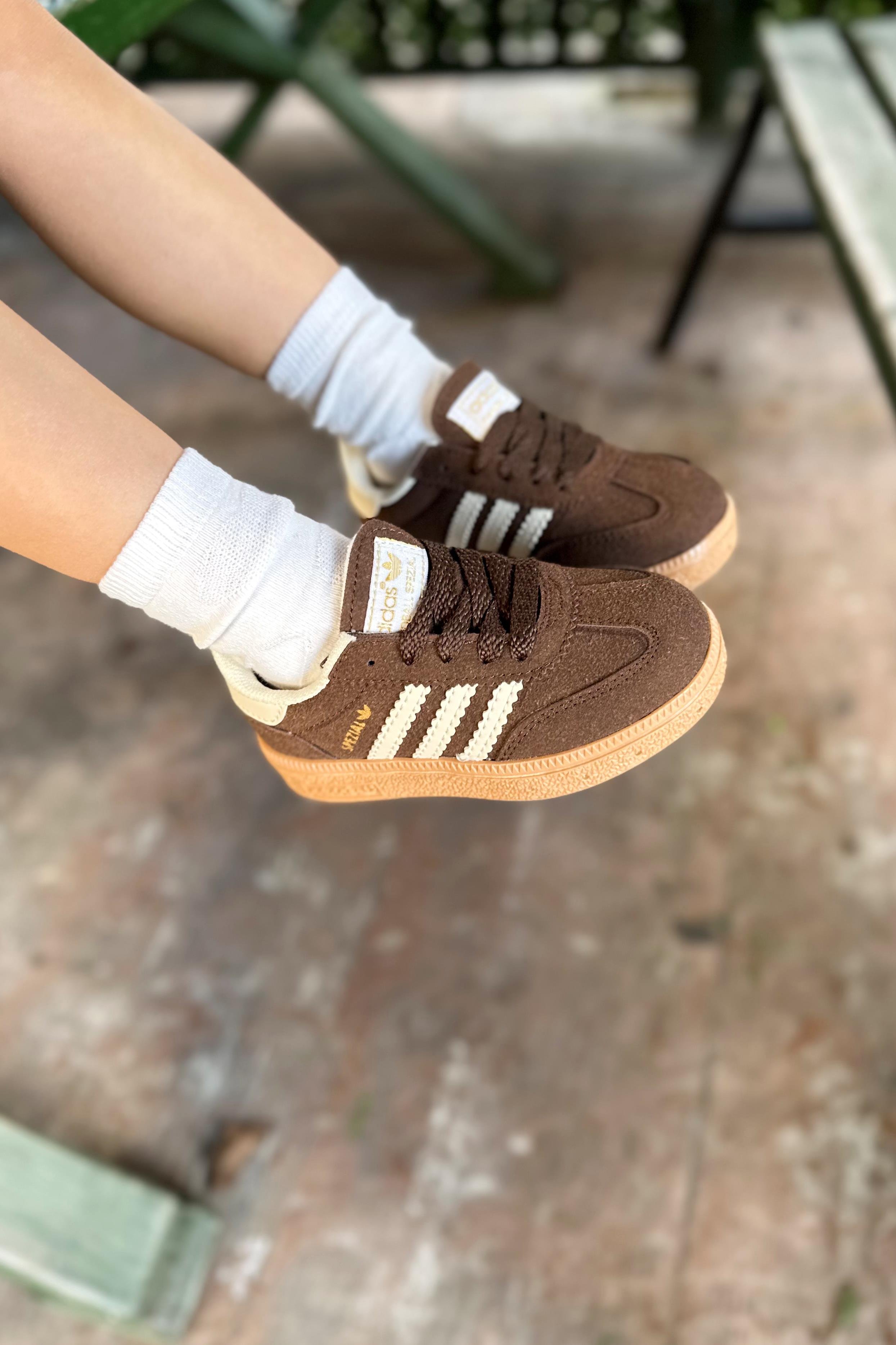 Yanı Çizgili Çocuk Spor Ayakkabı Kahve Beyaz