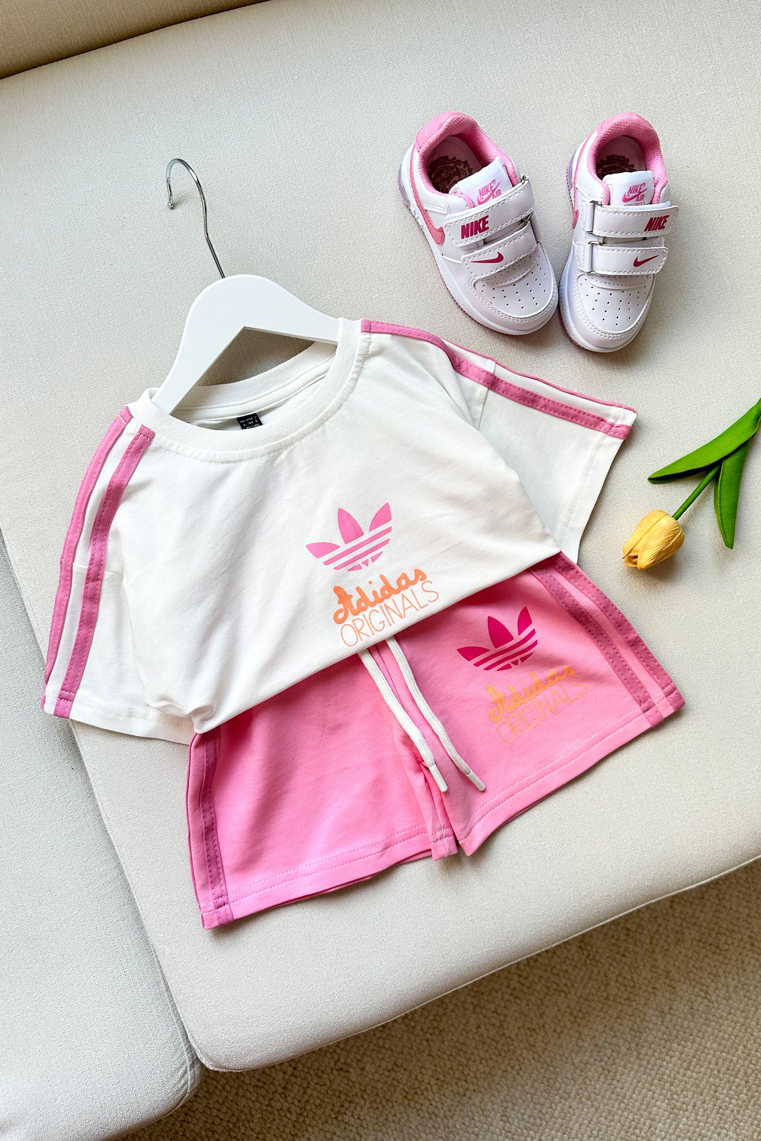 Yanı Çizgili Kız Çocuk Takım Pembe Beyaz