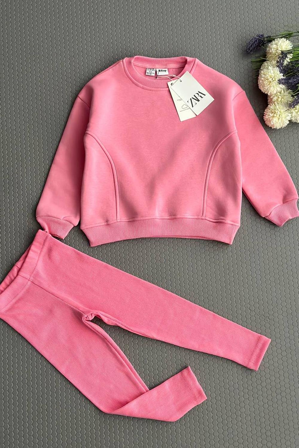 Yanı Şeritli Taytlı Kız Çocuk Takım Pembe