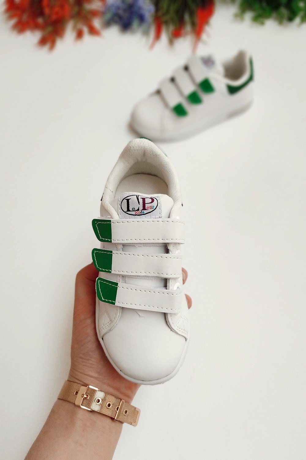 Yapışkanlı Işıklı Çocuk Spor Ayakkabı Yeşil Beyaz
