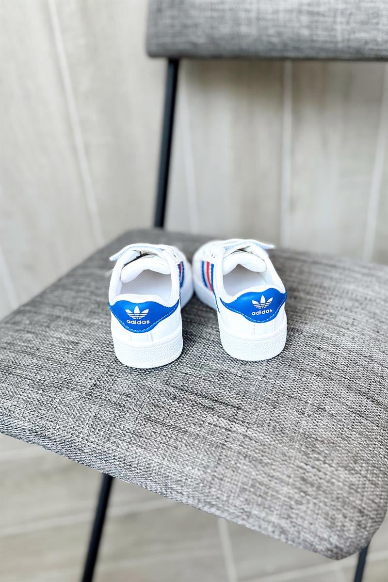 Yapışkanlı Yanı Renkli Şeritli Çocuk Spor Ayakkabı Beyaz