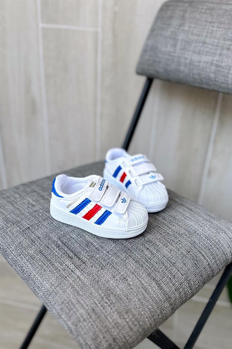 Yapışkanlı Yanı Renkli Şeritli Çocuk Spor Ayakkabı Beyaz