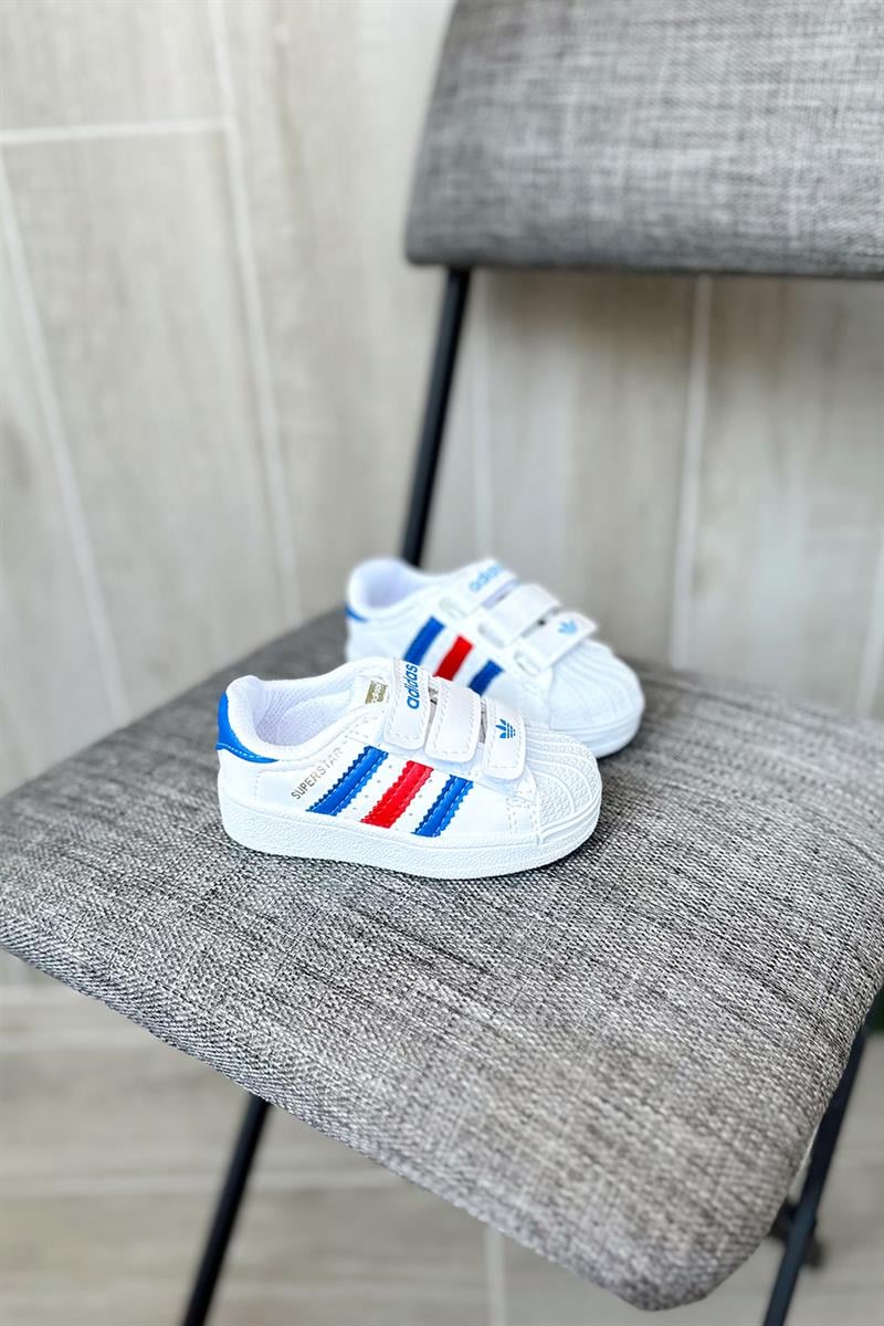 Yapışkanlı Yanı Renkli Şeritli Çocuk Spor Ayakkabı Beyaz