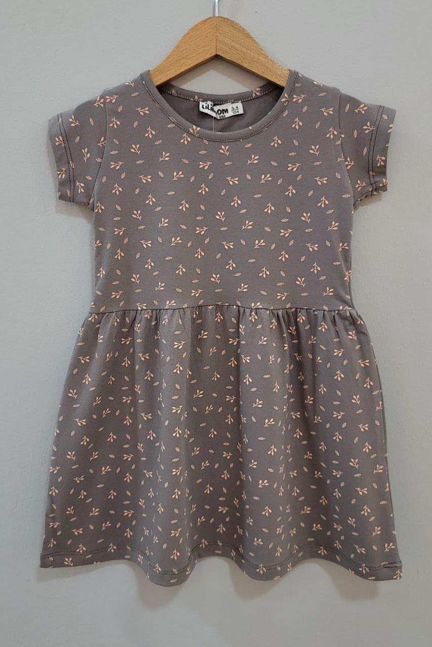 Yaprak Baskılı Kız Çocuk Elbise Füme