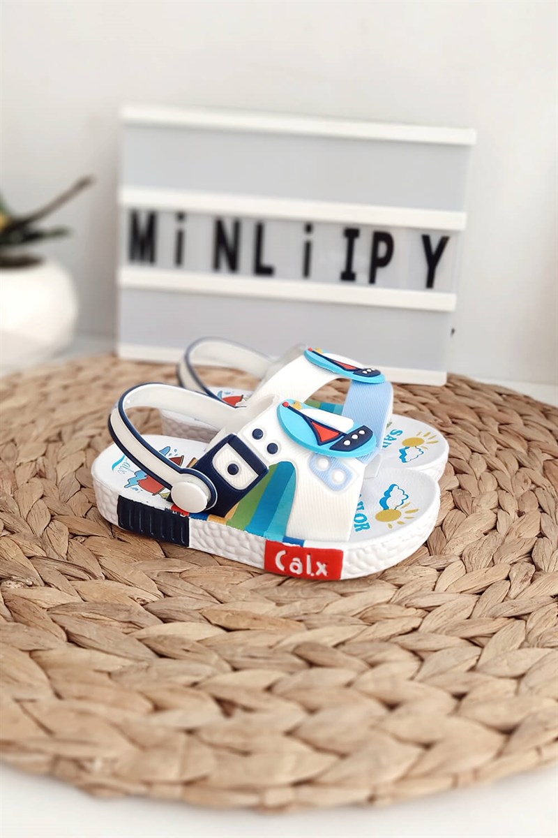 Yelken Baskılı Çocuk Sandalet Mavi Beyaz