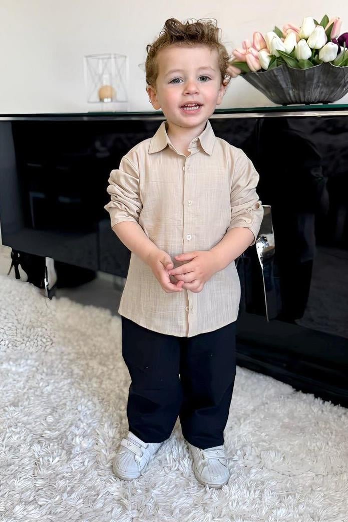 ZR Çocuk Keten Gömlek Pantolon Takım Bej Siyah