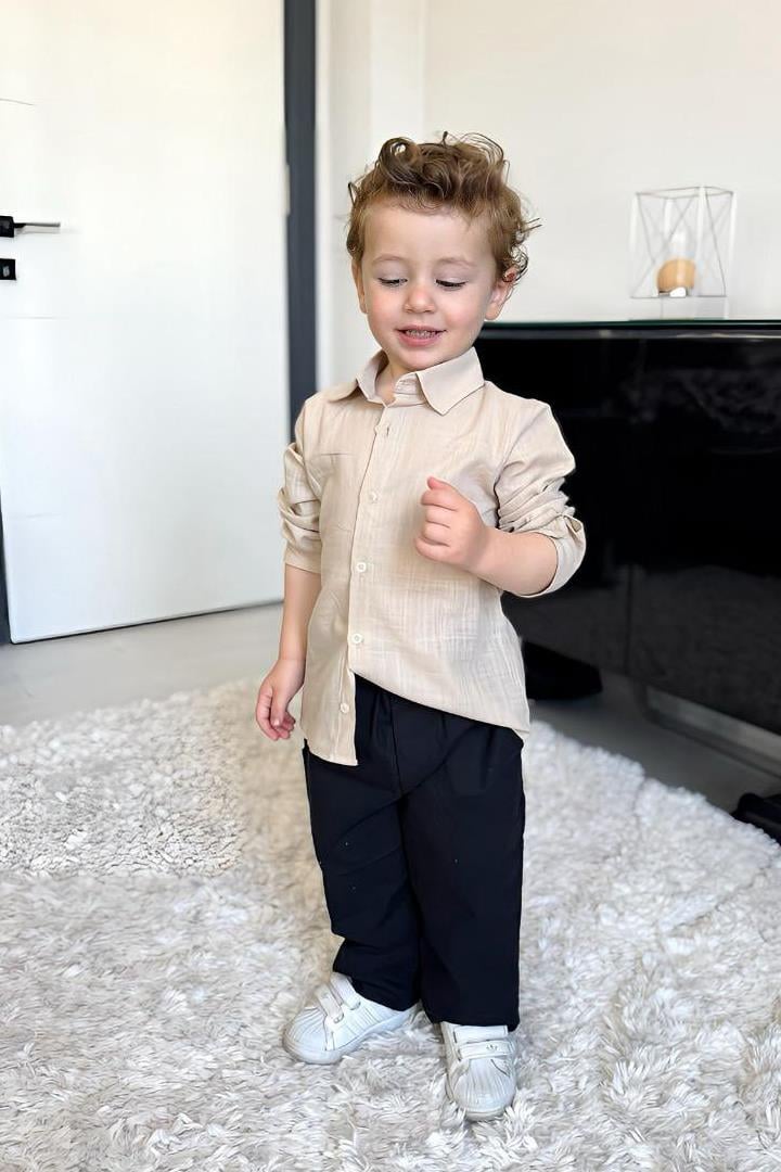 ZR Çocuk Keten Gömlek Pantolon Takım Bej Siyah