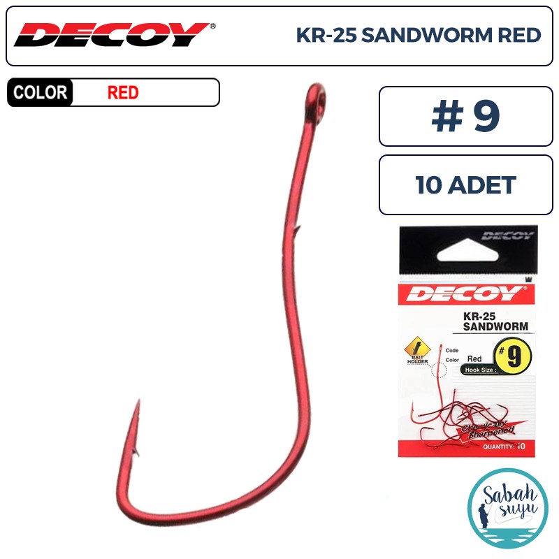 Decoy KR-25 Sandworm Tırnaklı Delikli Olta İğnesi Kırmızı #9 (10 Adet)