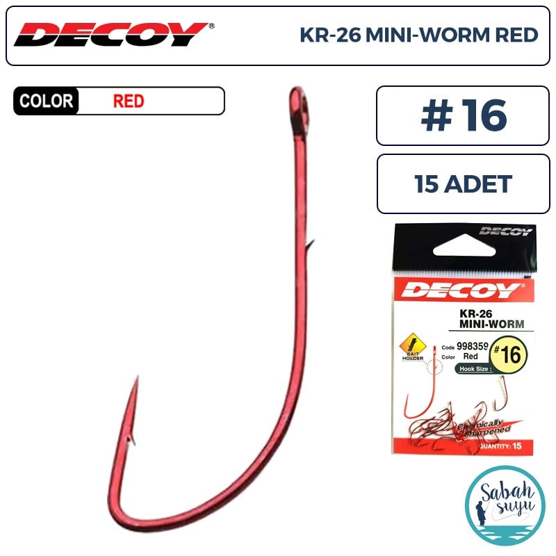 Decoy KR-26 Mini-Worm Tırnaklı Delikli Olta İğnesi Kırmızı #16 (15 Adet)