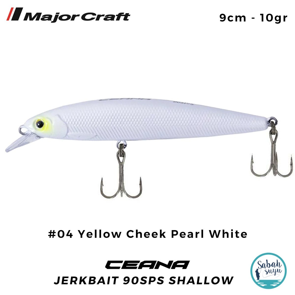 Major Craft Ceana Jerkbait 90SPS Shallow 9cm 10gr #04 Yellow Cheek Pearl White