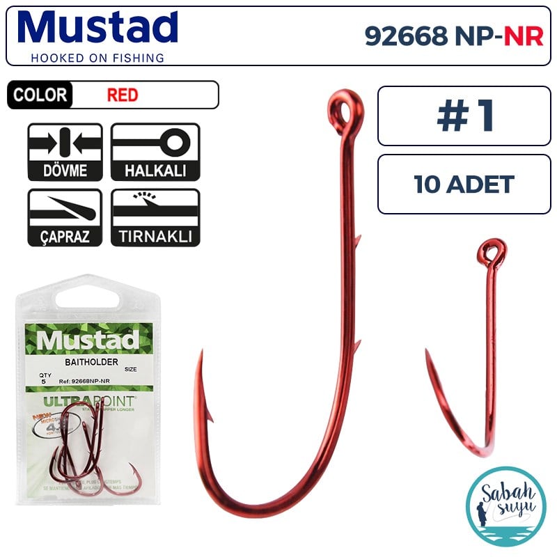 Mustad 92668 NP-NR Baitholder Tırnaklı Delikli İğne #1 (10 Adet) Kırmızı