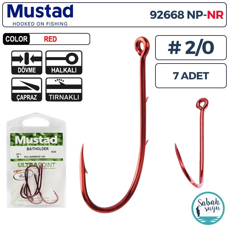 Mustad 92668 NP-NR Baitholder Tırnaklı Delikli İğne #2/0 (7 Adet) Kırmızı