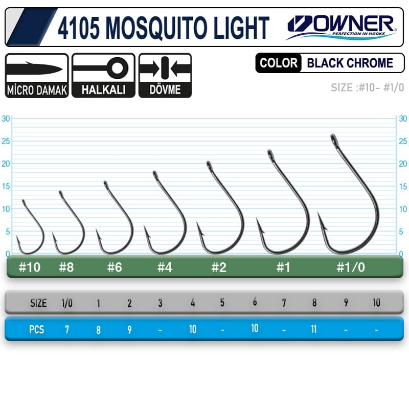 Owner 4105 Mosquito Light Delikli İğne #1 (8 Adet) Siyah