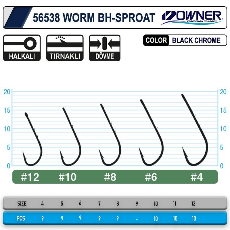 Owner 56538 Worm BH Sproat Black Chrome Tekli İğne #8 (10 Adet)