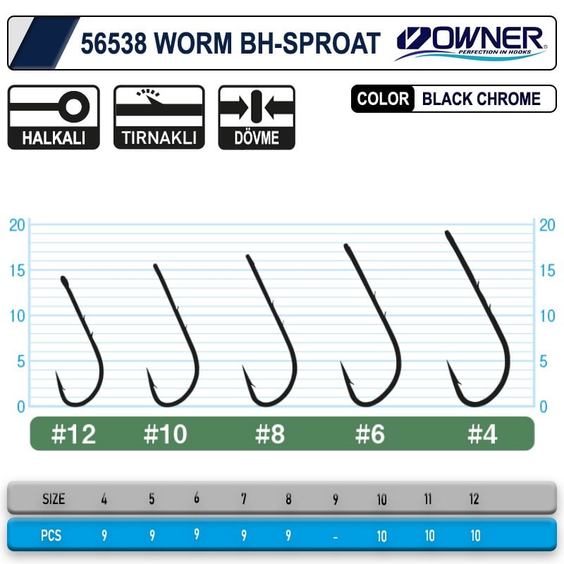 Owner 56538 Worm BH Sproat Black Chrome Tekli İğne #6 (9 Adet)