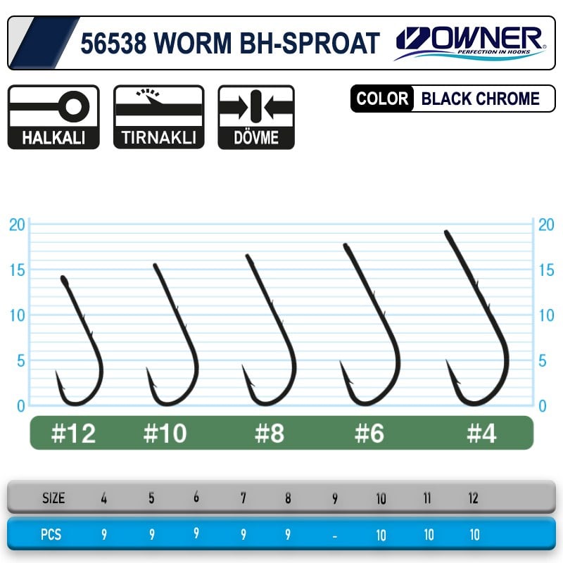 Owner 56538 Worm BH Sproat Black Chrome Tekli İğne #6 (9 Adet)