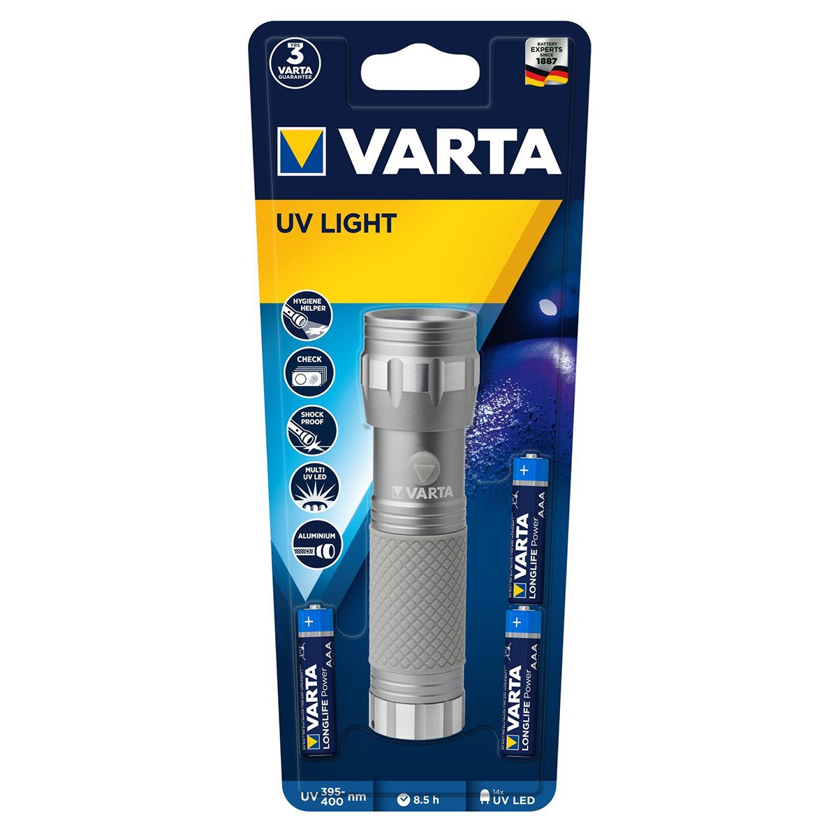 Varta 15638 UV Led Cep Feneri (Mor Işık) + 3 Pil