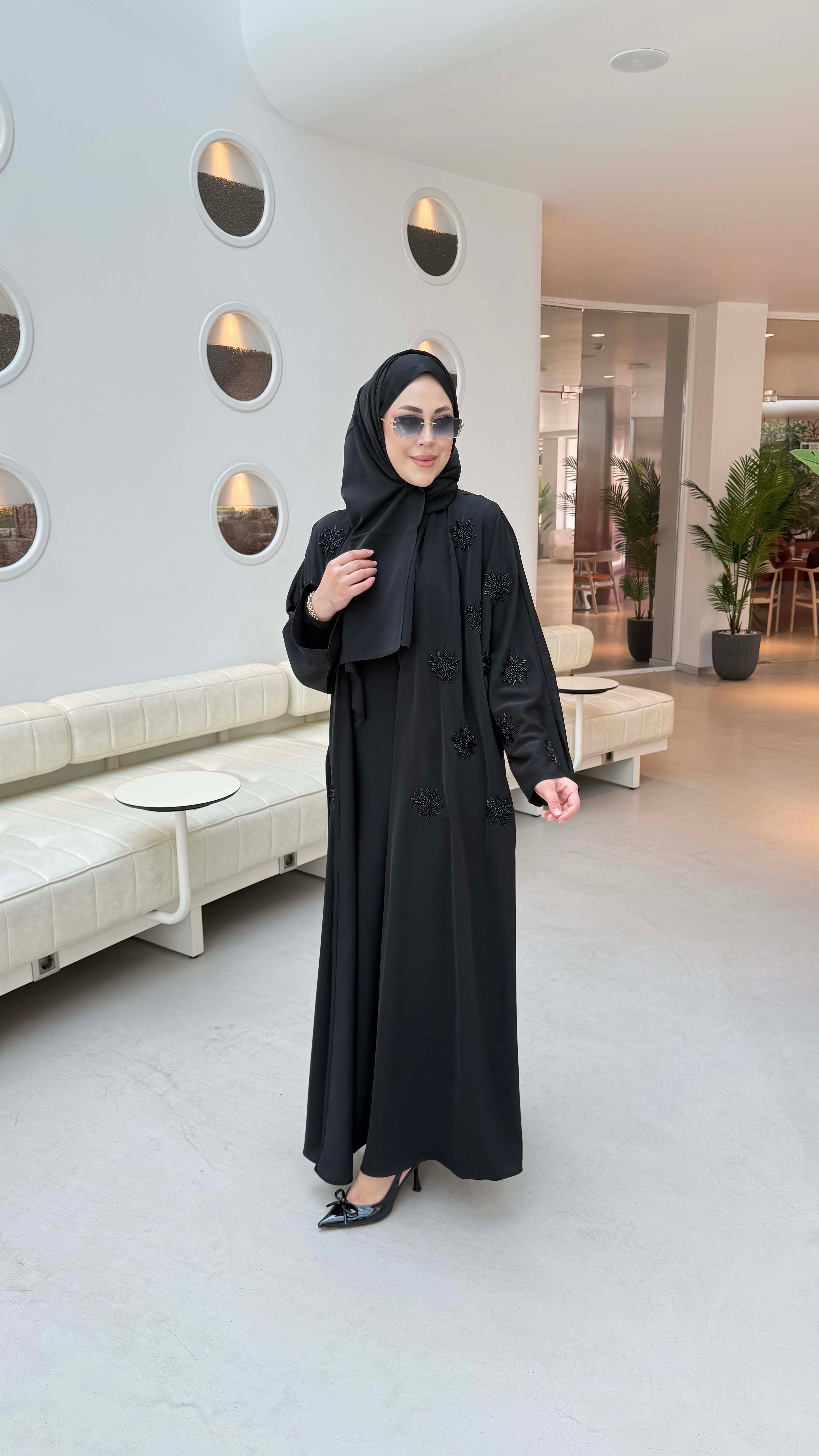 Nakış Boncuk Detaylı Abaya Siyah 26137