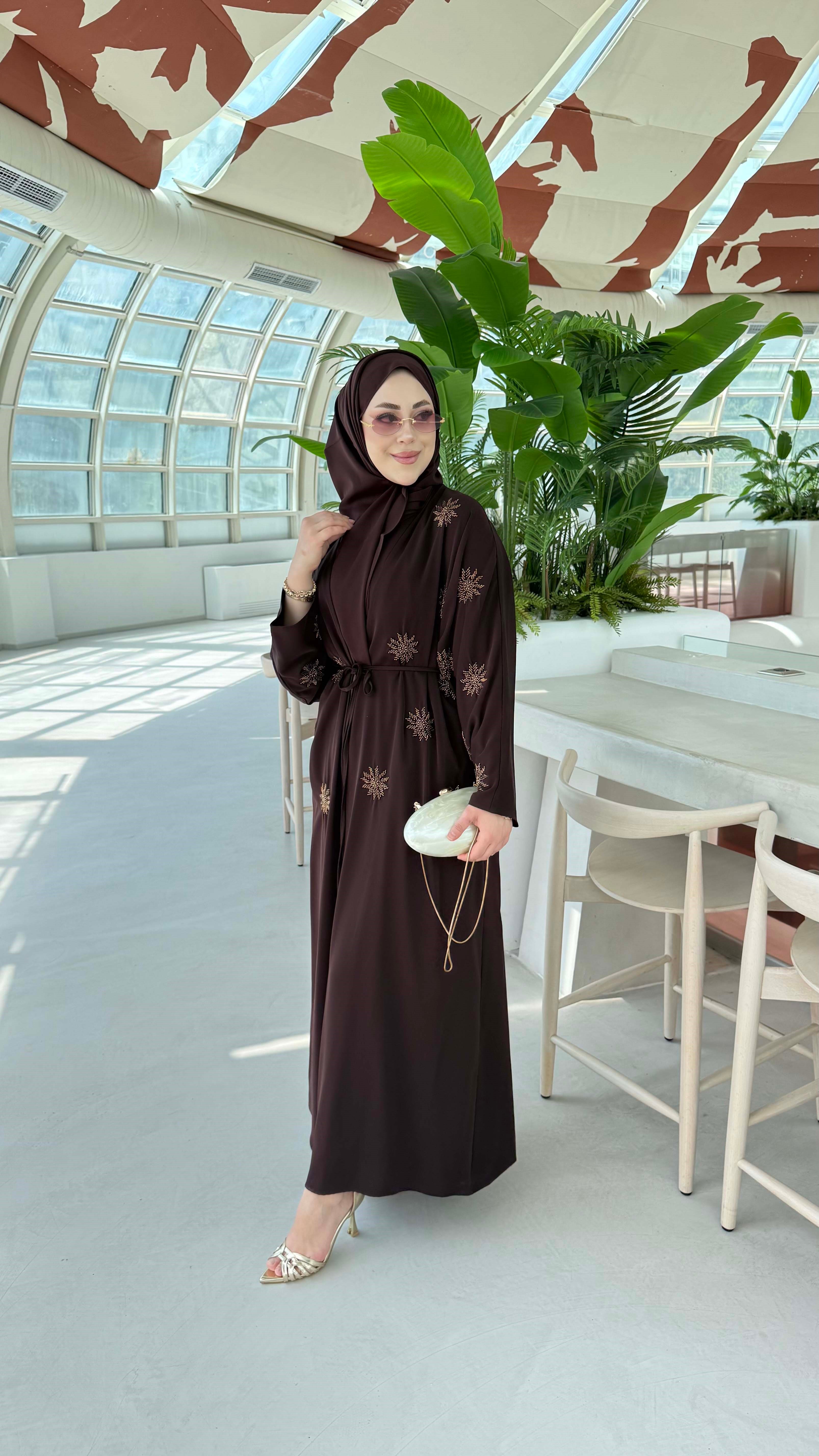Nakış Boncuk Detaylı Abaya Kahverengi 26137