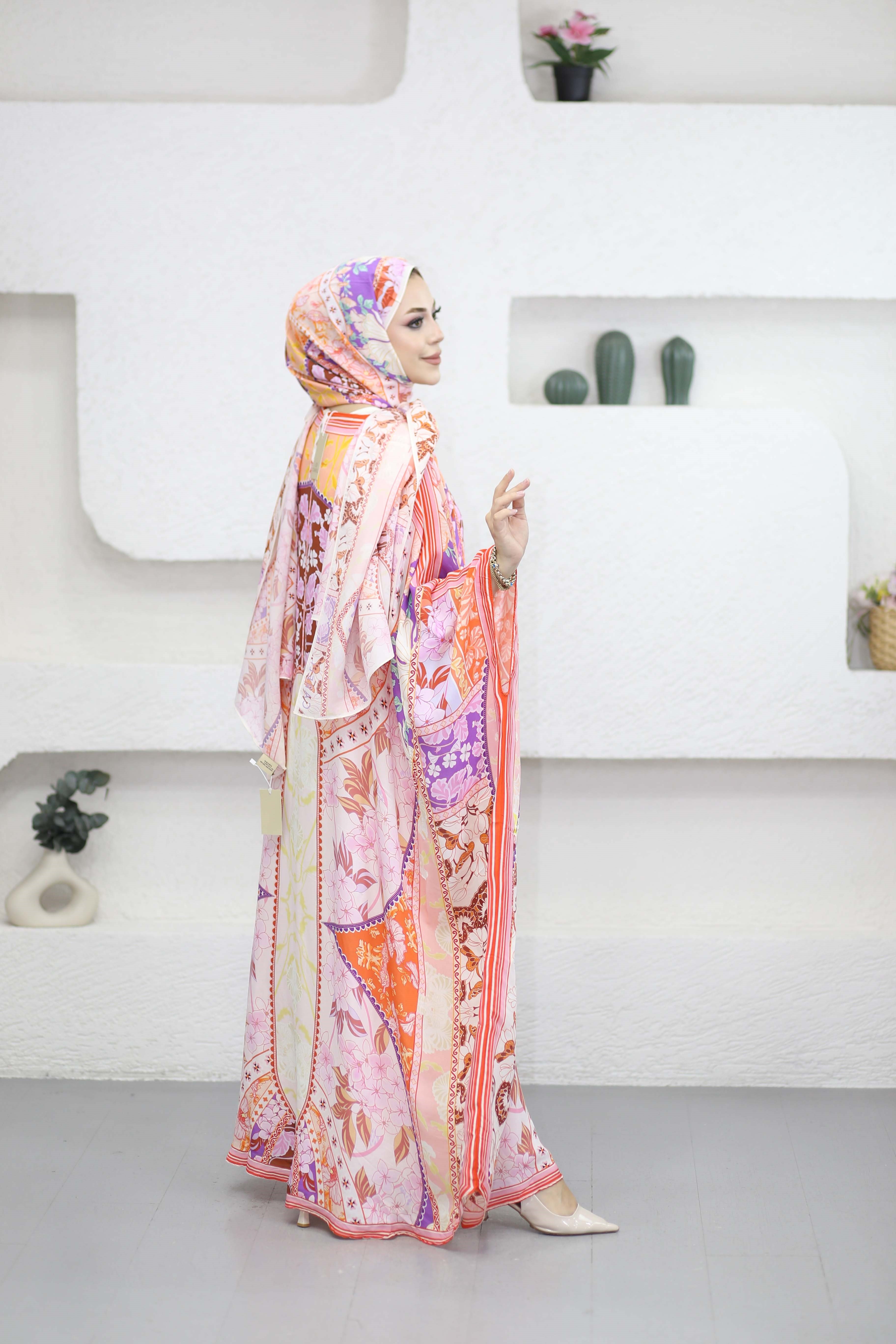 Patchwork Floş Kaftan Pembe 1558