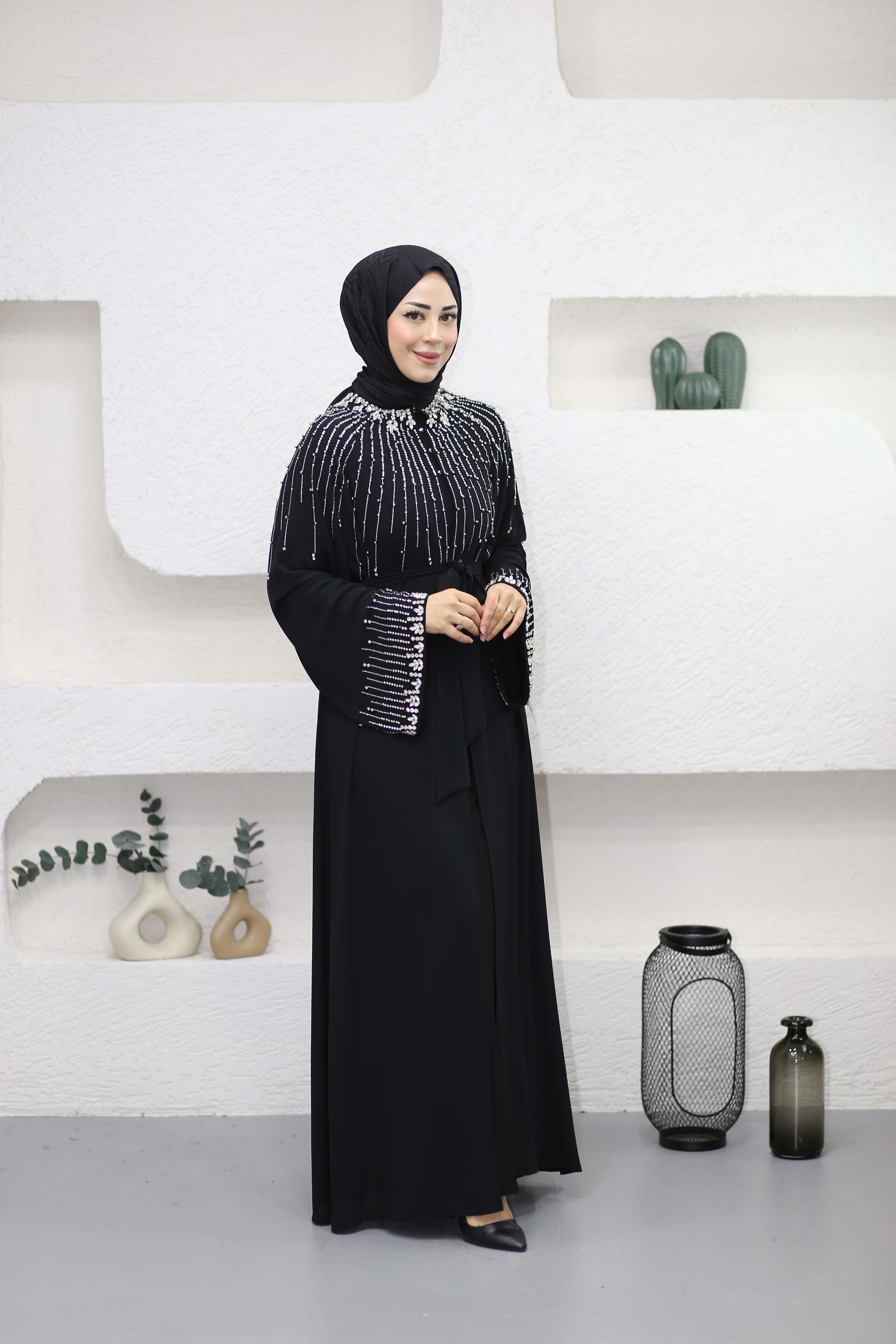 Yaka Ve Kol Ucu Taş Baskılı Abaya Siyah 6178