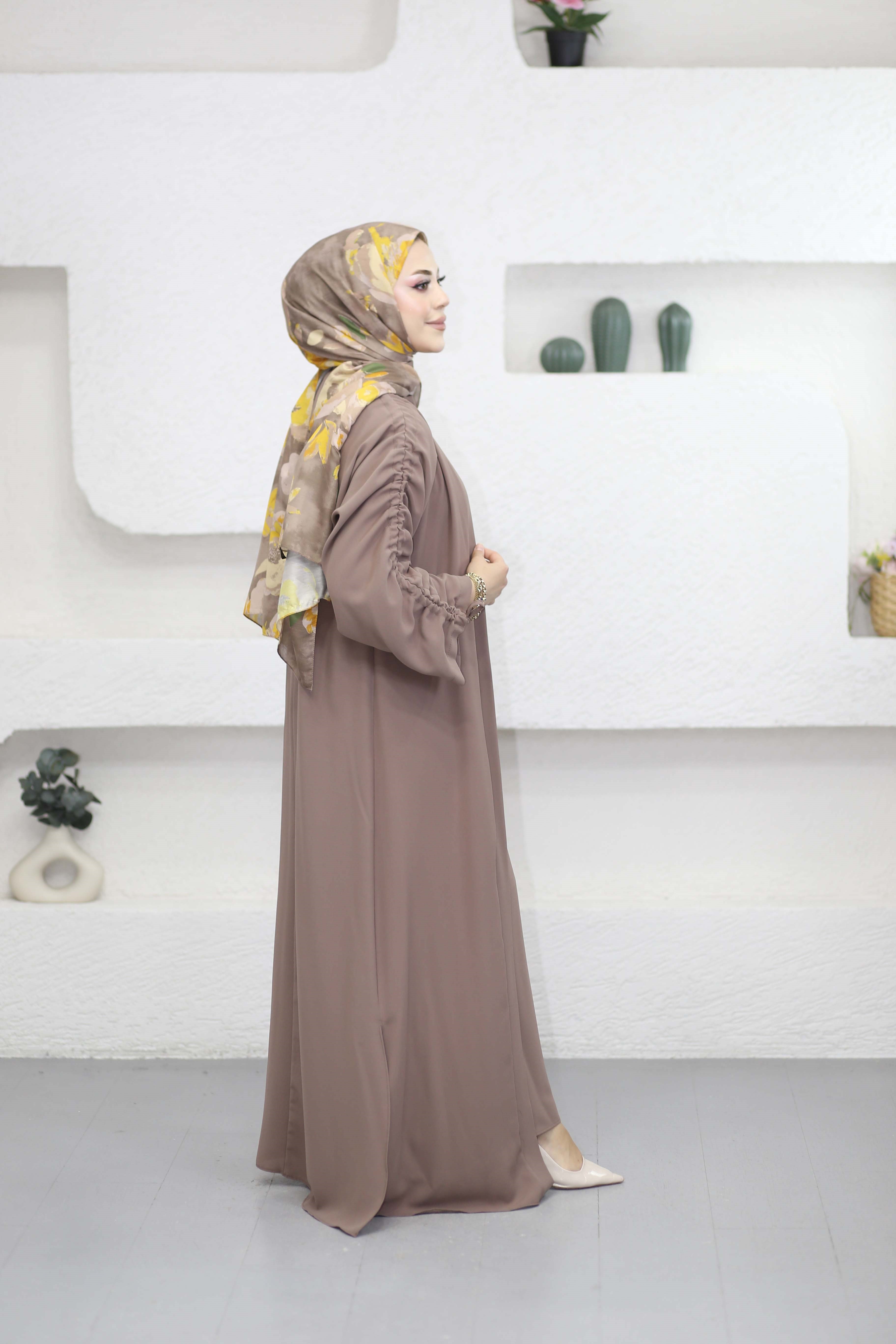 Büzgülü Abaya Vizon 8629