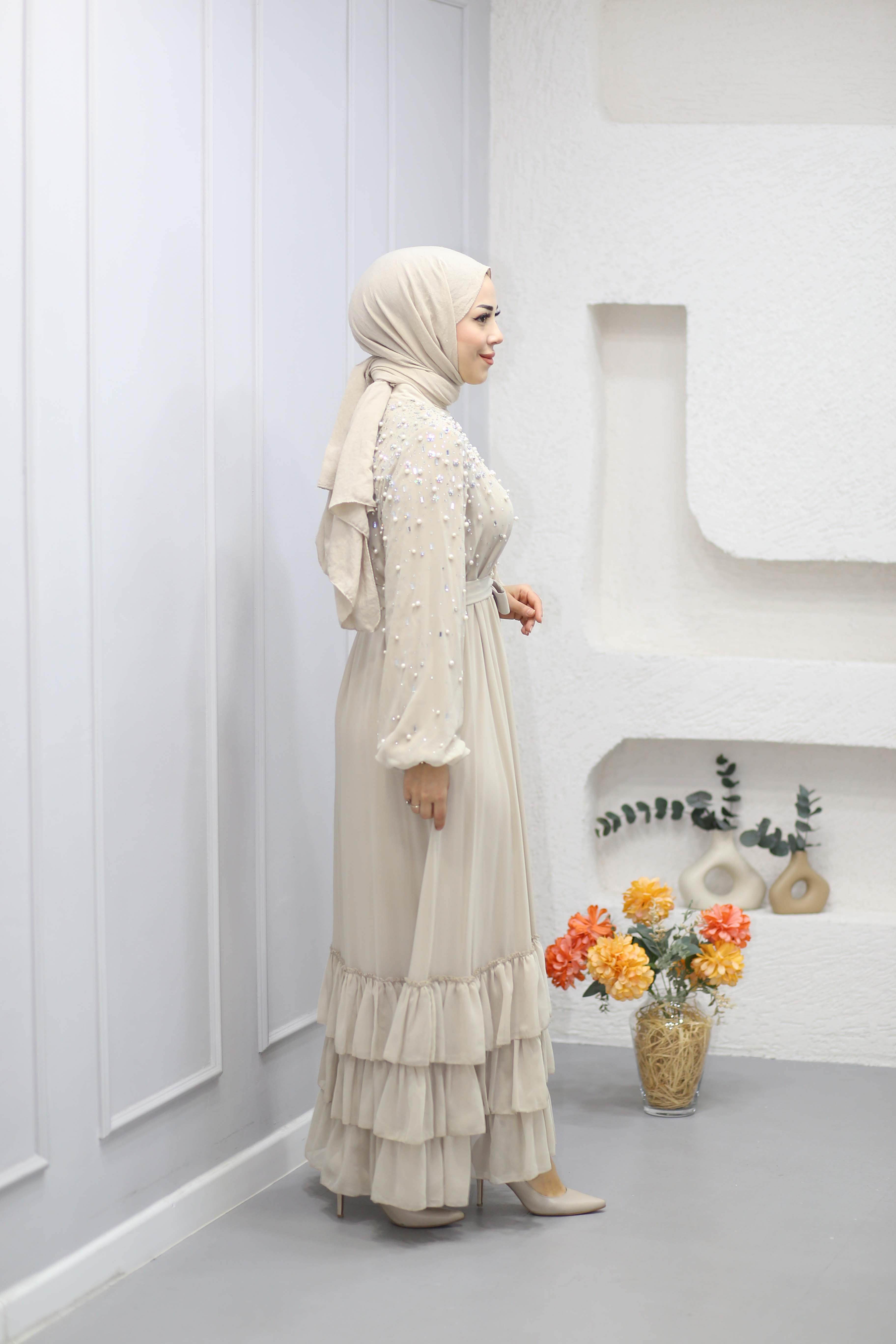Taş Ve İnci Çakımlı Şifon Elbise Bej 4150