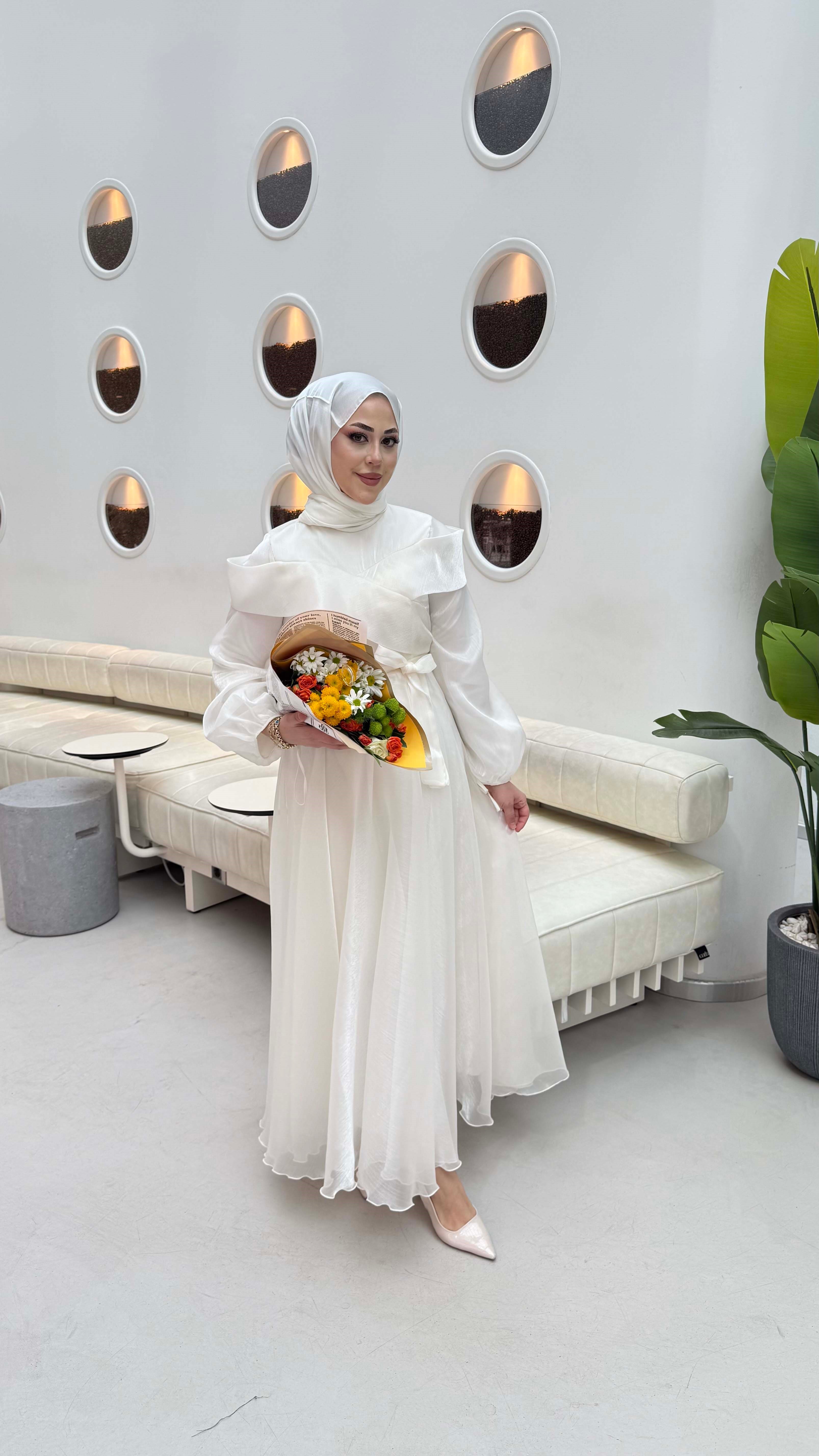 Kol Detaylı Tafta Abiye Ekru 9476