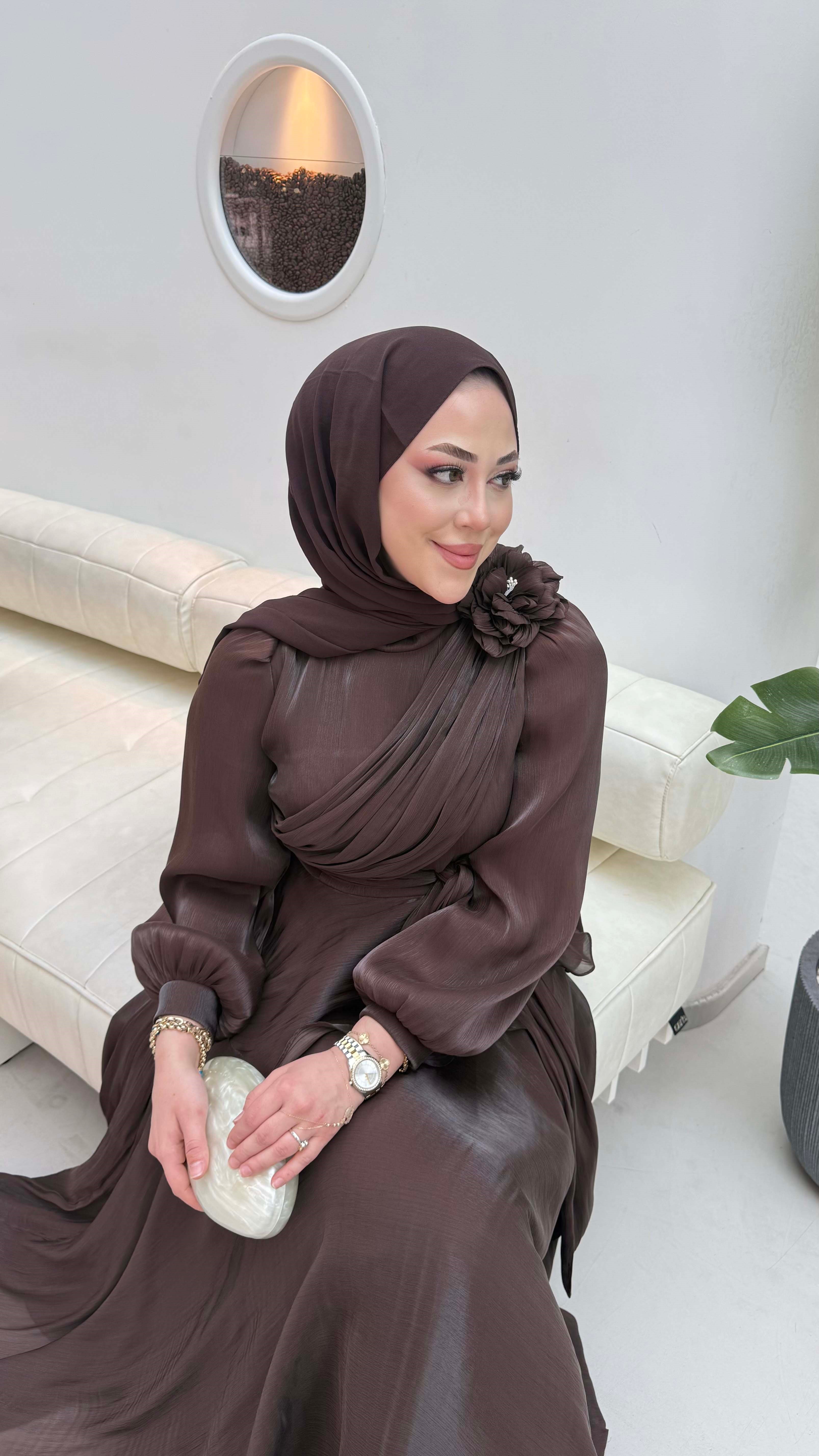 Broş Detaylı Abiye Kahverengi 9593