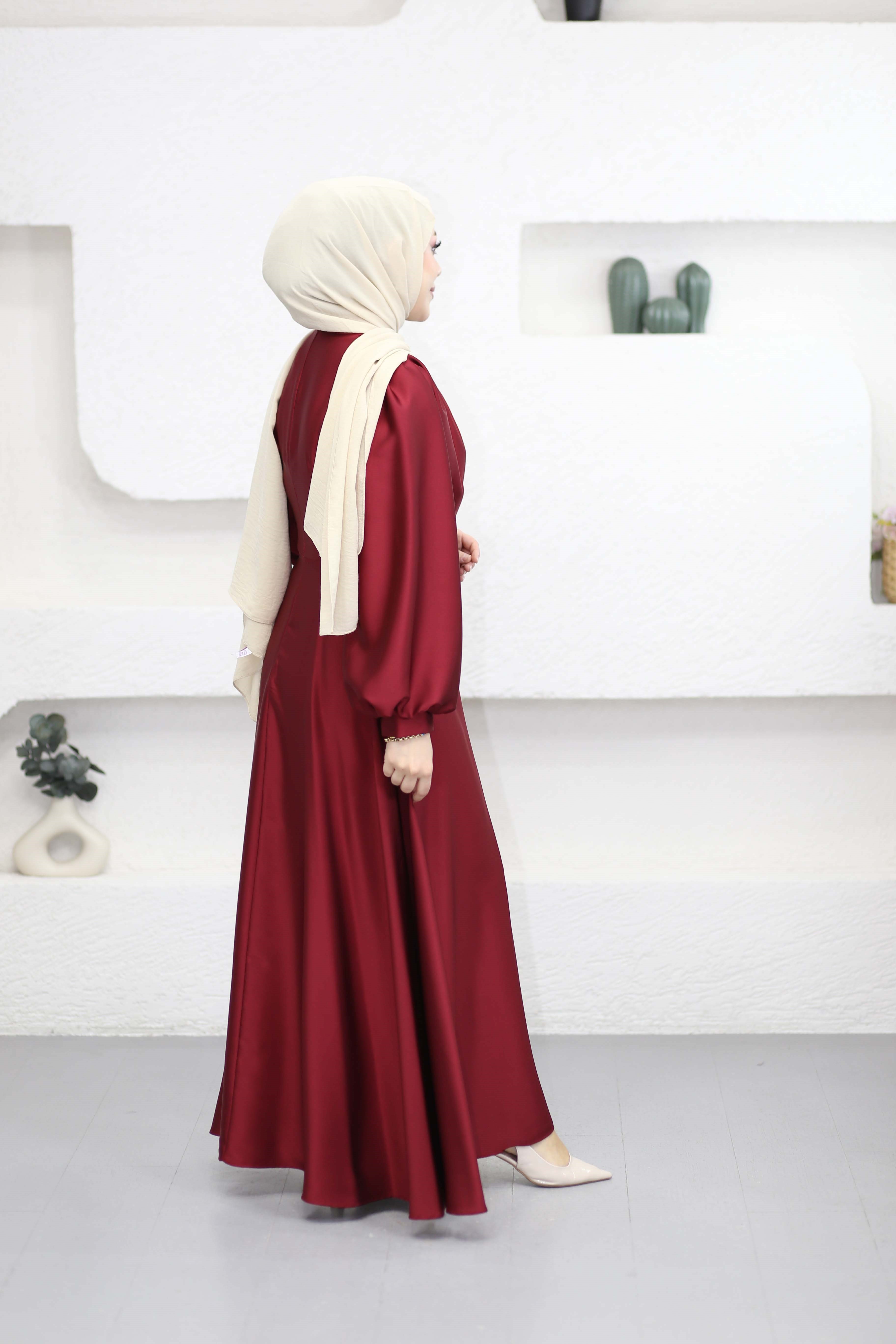 Zerrin Saten Elbise Bordo 1015