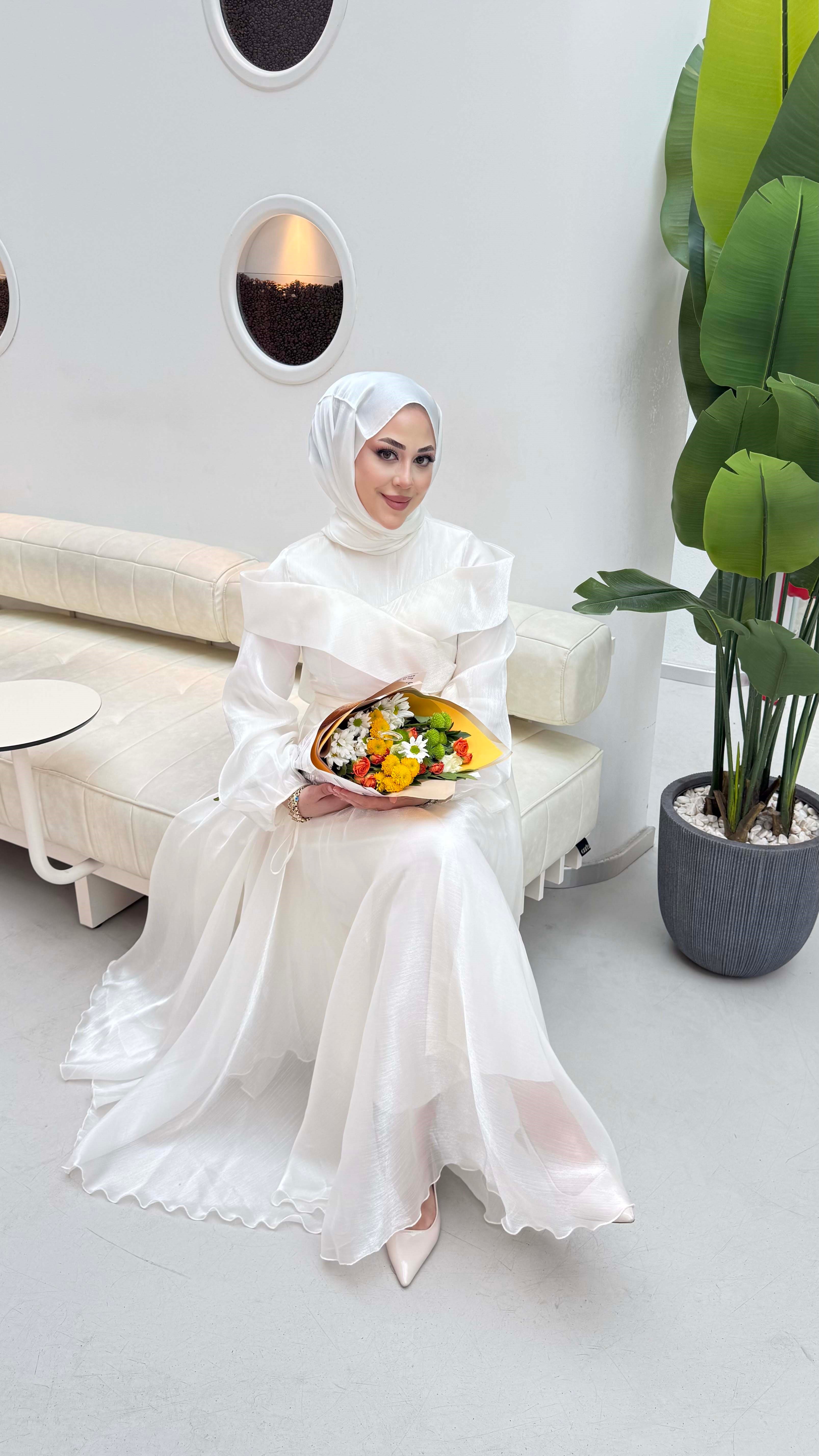 Kol Detaylı Tafta Abiye Ekru 9476
