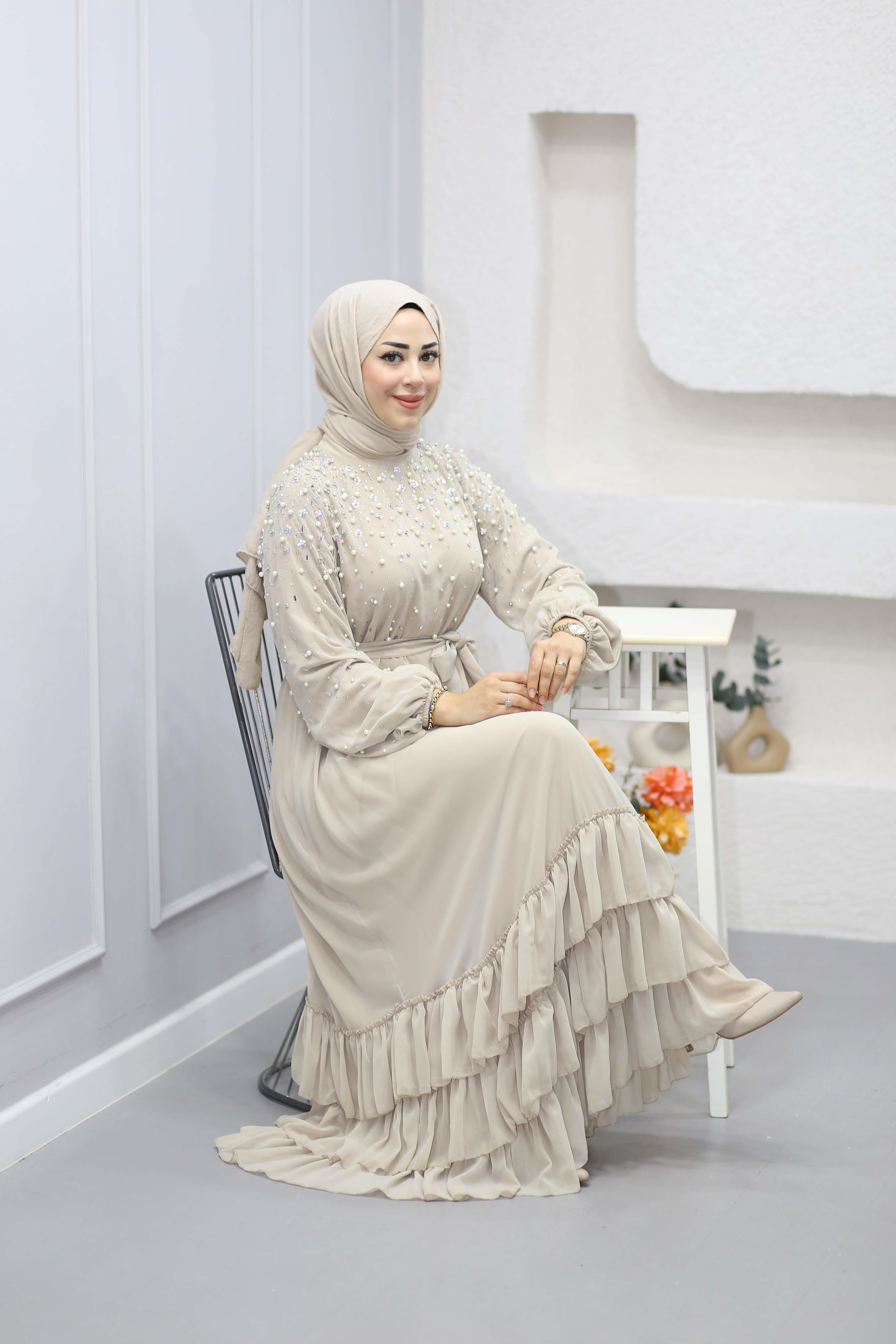 Taş Ve İnci Çakımlı Şifon Elbise Bej 4150