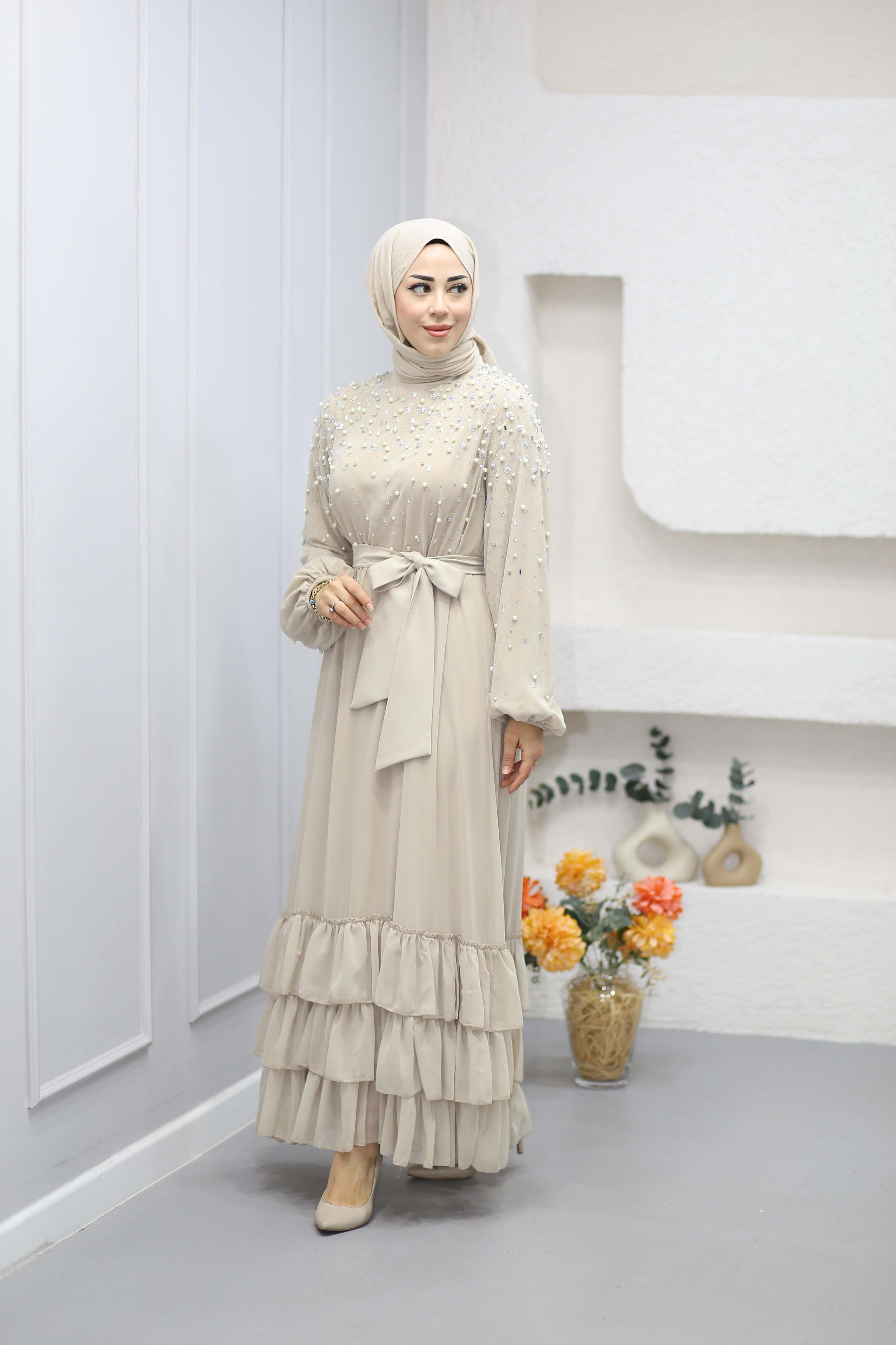 Taş Ve İnci Çakımlı Şifon Elbise Bej 4150
