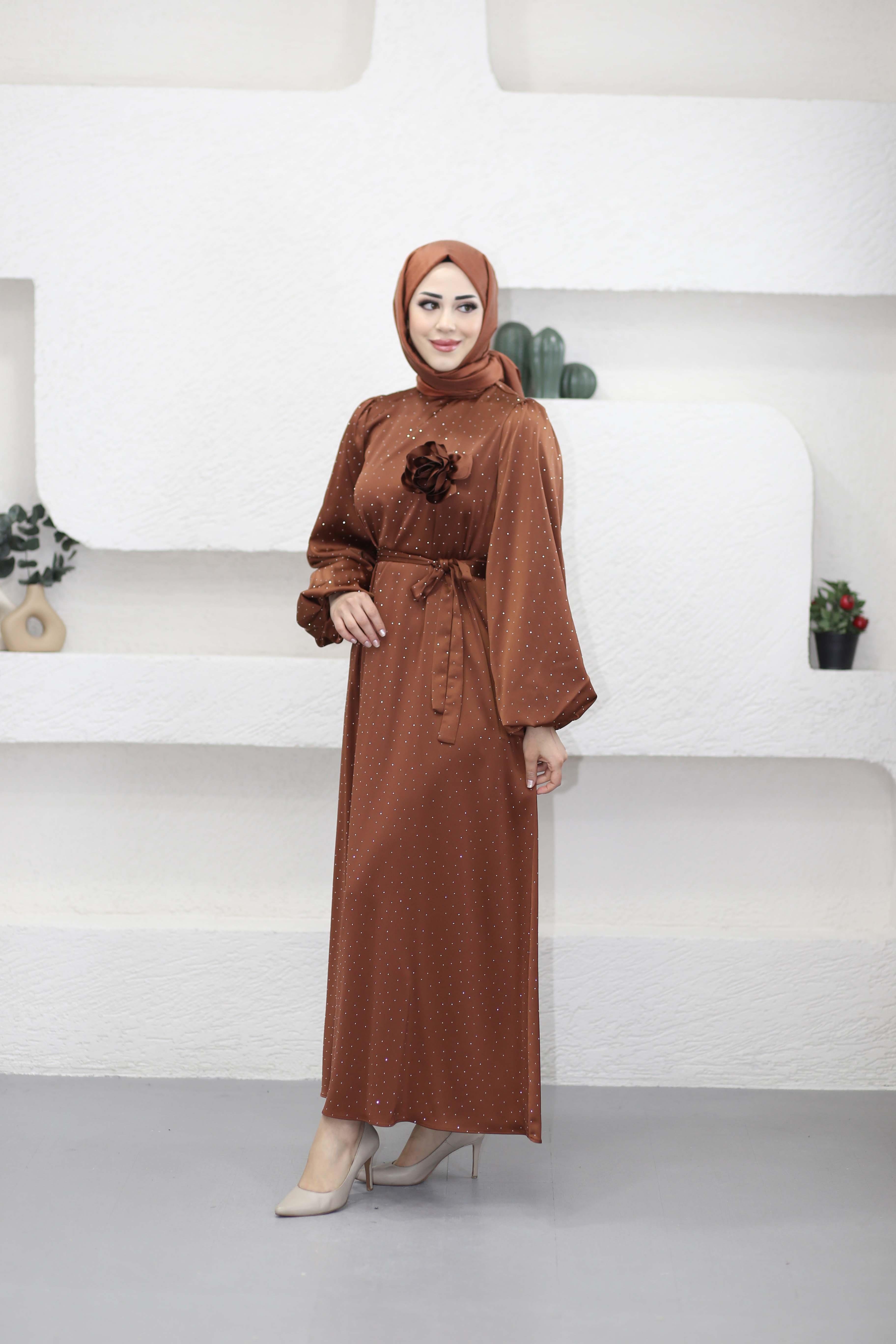Saten Shine Elbise Kahverengi 2238