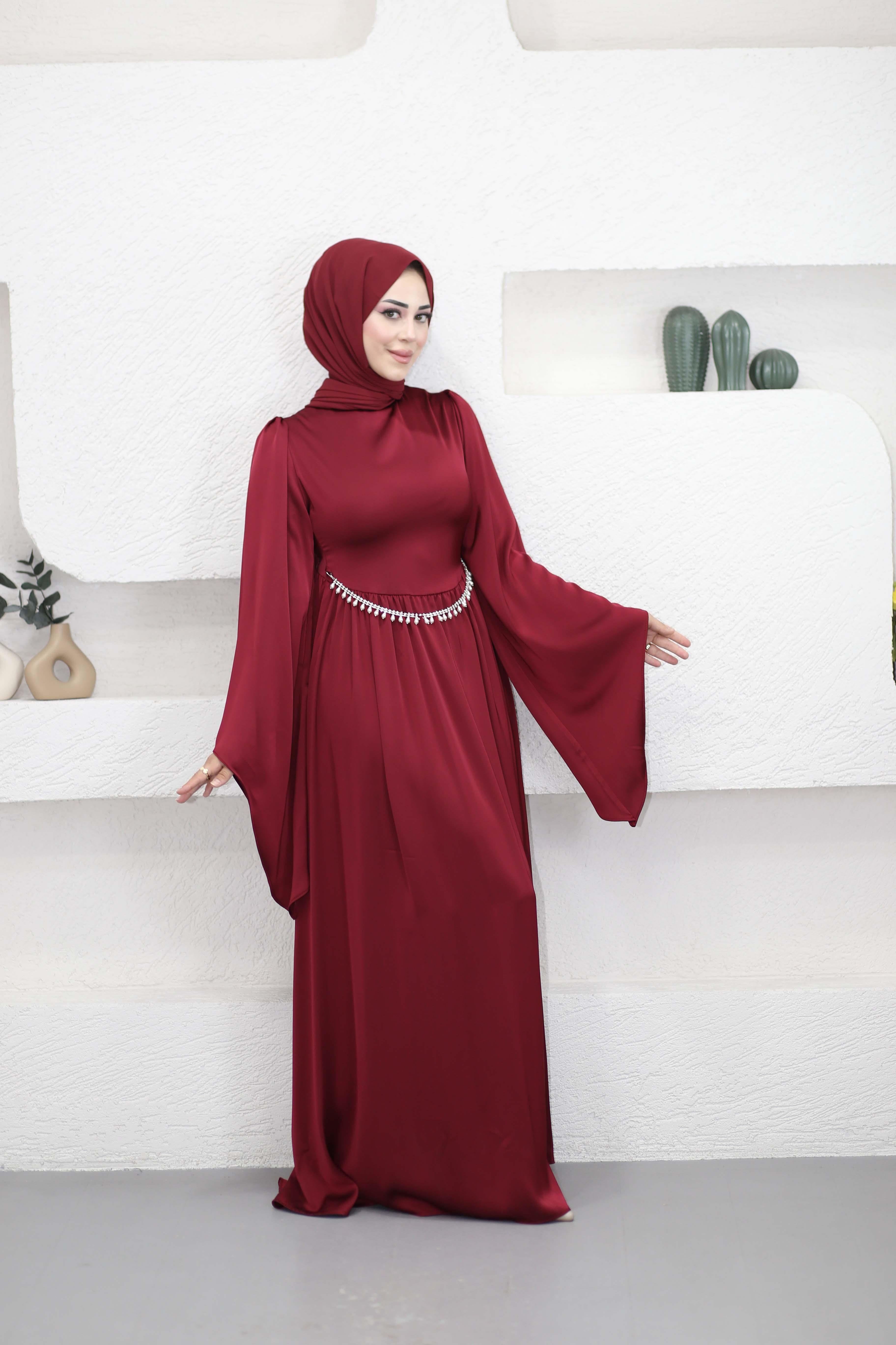 Cavin Zincirli Saten Elbise Bordo 6846