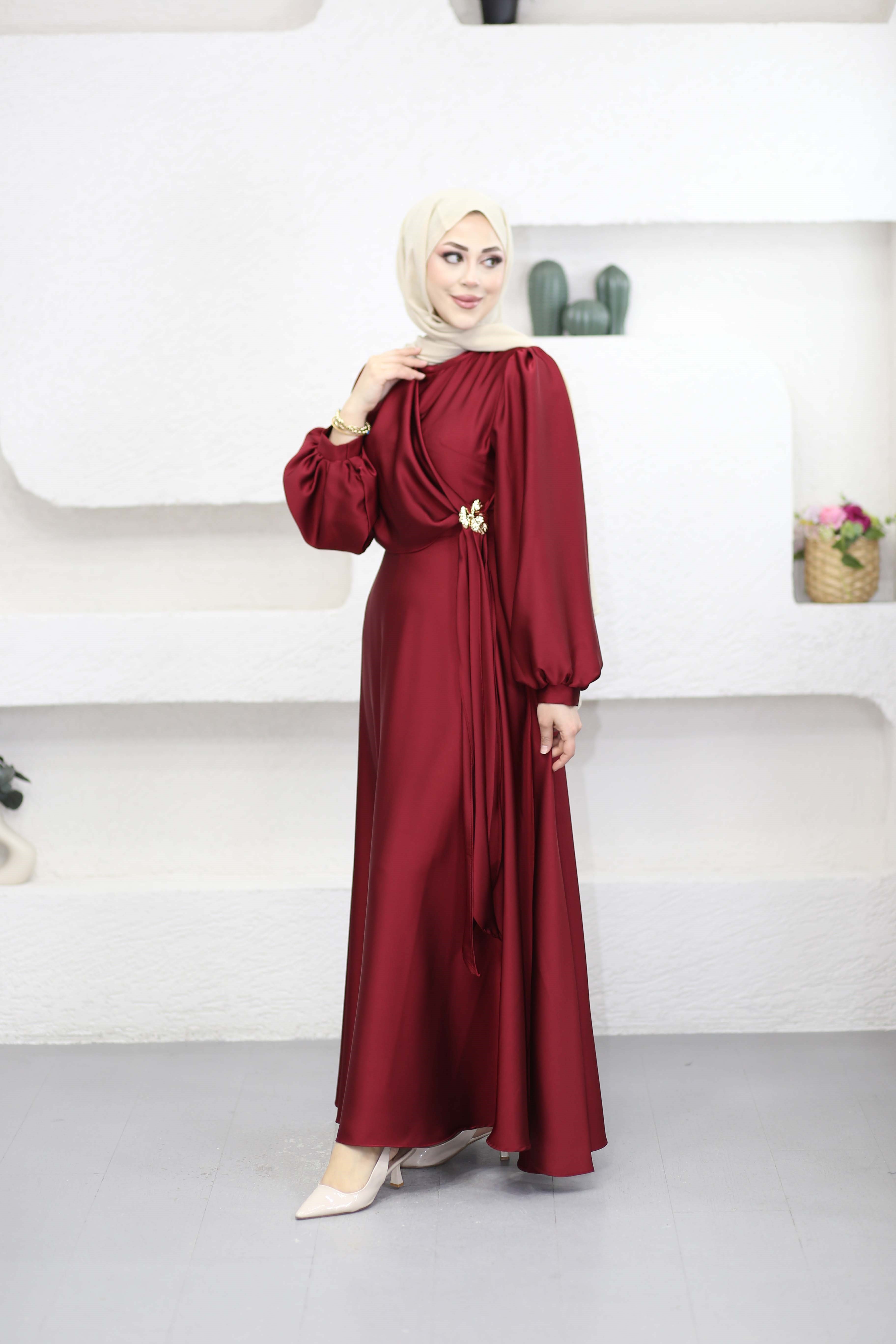 Zerrin Saten Elbise Bordo 1015