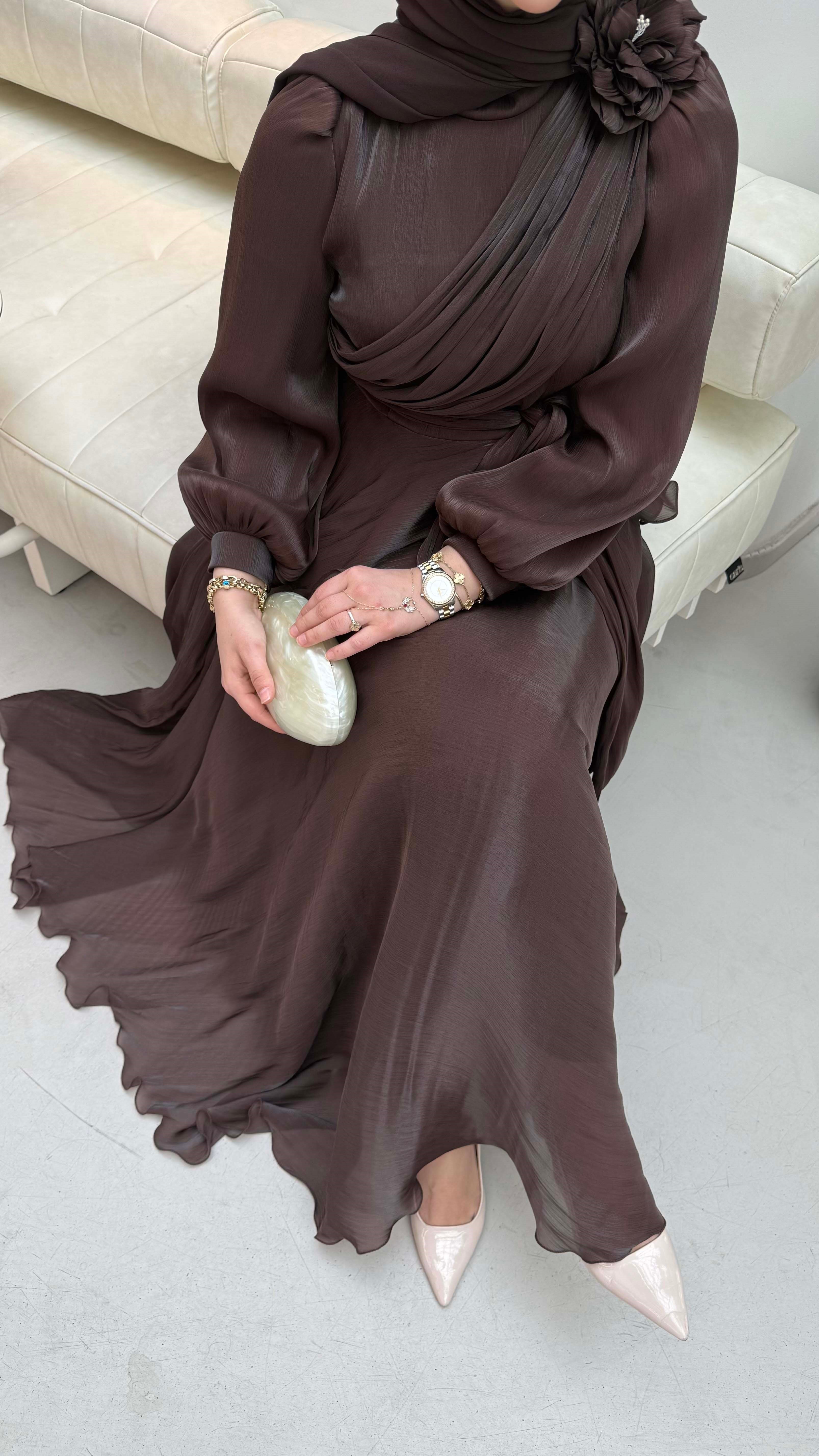 Broş Detaylı Abiye Kahverengi 9593