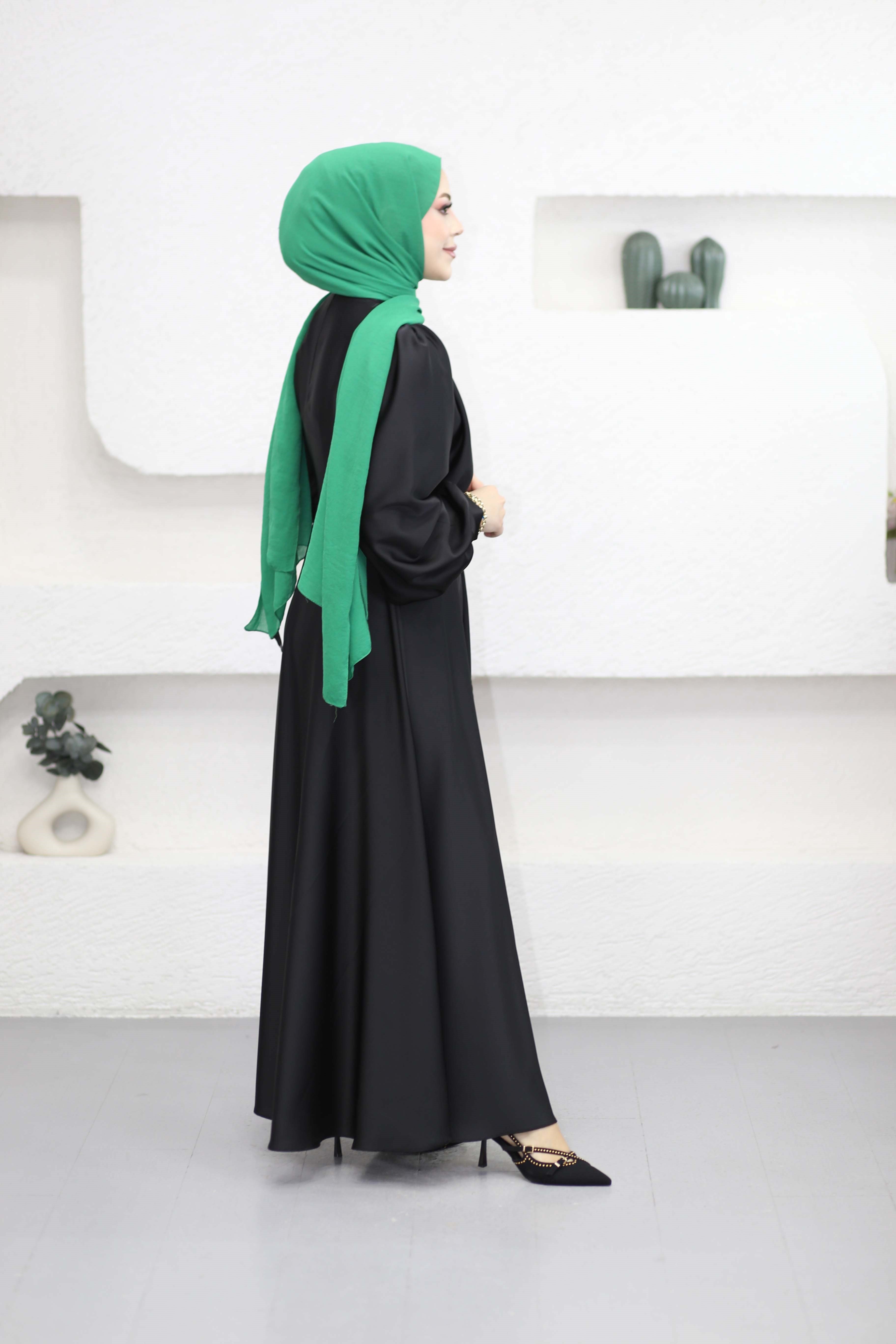 Zerrin Saten Elbise Siyah 1015