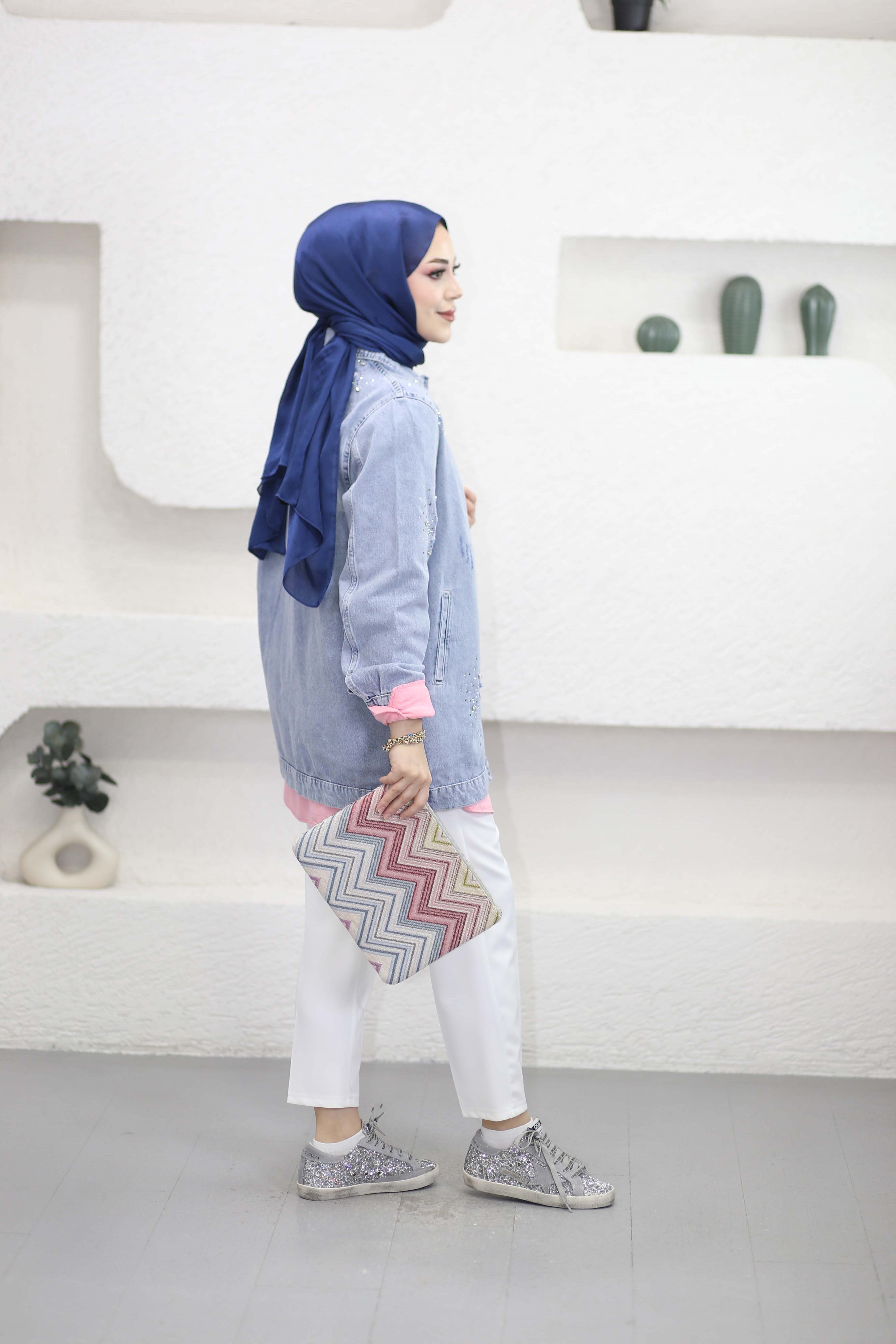 Taşlı Denim Ceket Mavi 16280